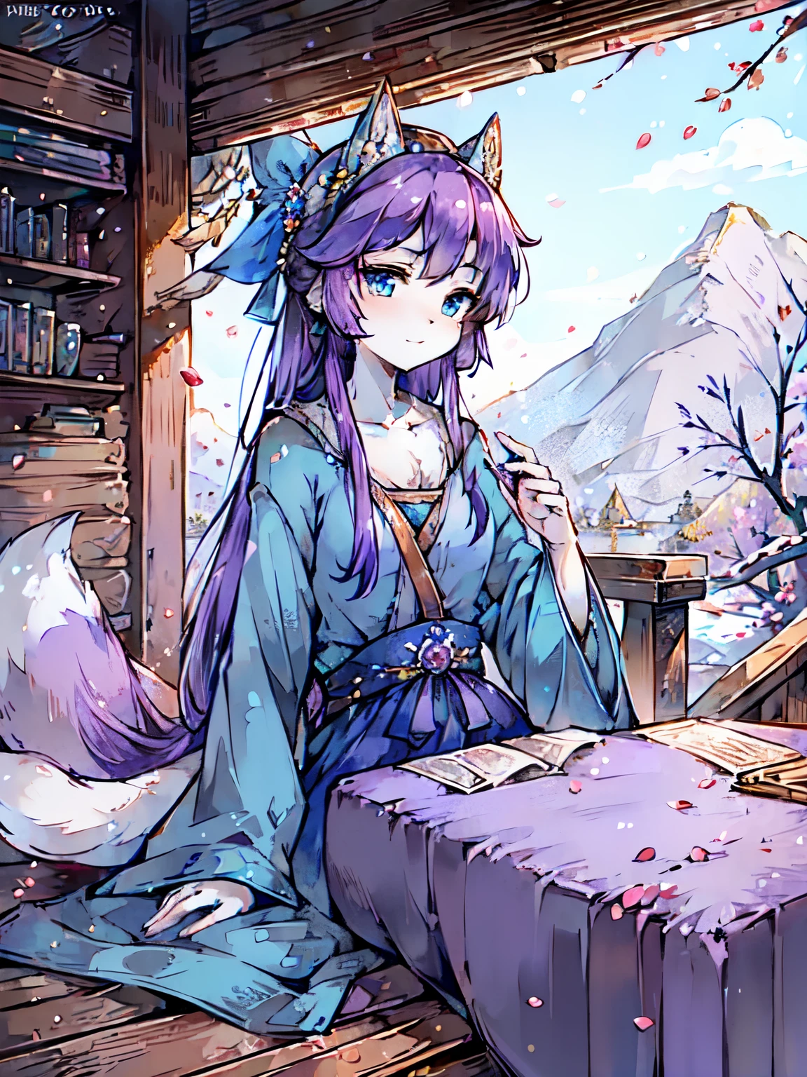a fox，Blue eyes，Exquisite headdress，blue robe，blue sky，plum tree，Falling plum petals，Falling snowflakes，purple hair，Pink petals，sitting in the attic，holding a pen in hand，Scrolls on the ground，mountains，Beautifully decorated，Rich and noble families