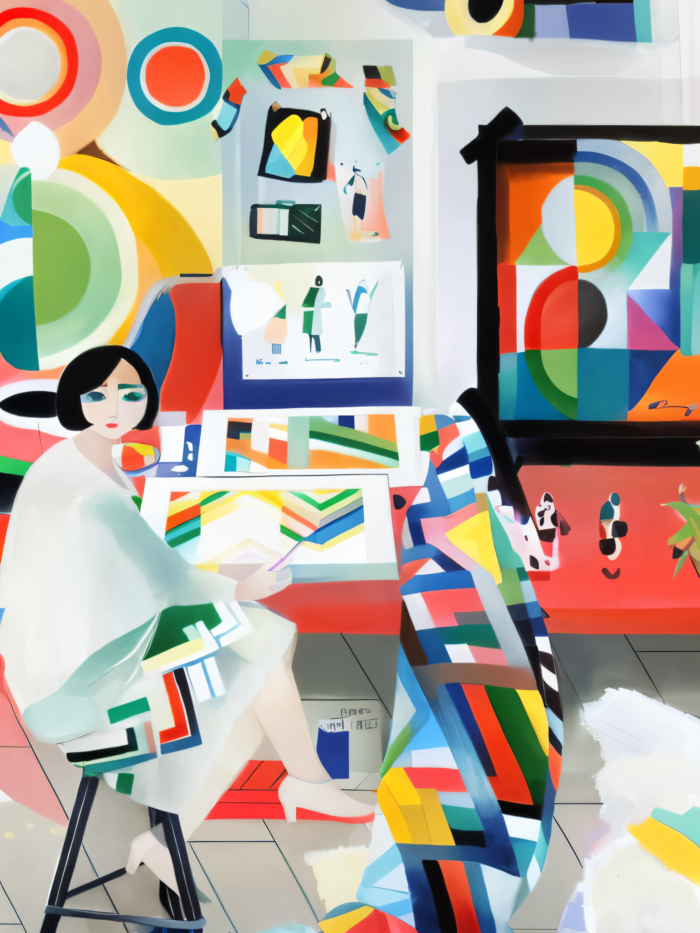 Illustration of a woman sitting at a desk with a laptop, inspirado em Gino Severini, inspirado por Sonia Delaunay, feito no estilo de Matisse, inspirado por Sonia Delaunay-Terk, inspirado em Henri Matisse, inspirado em Sarah Morris, por Sonia Delaunay, colorful illustration, inspirado em Delaunay, Google Artes e Culturas