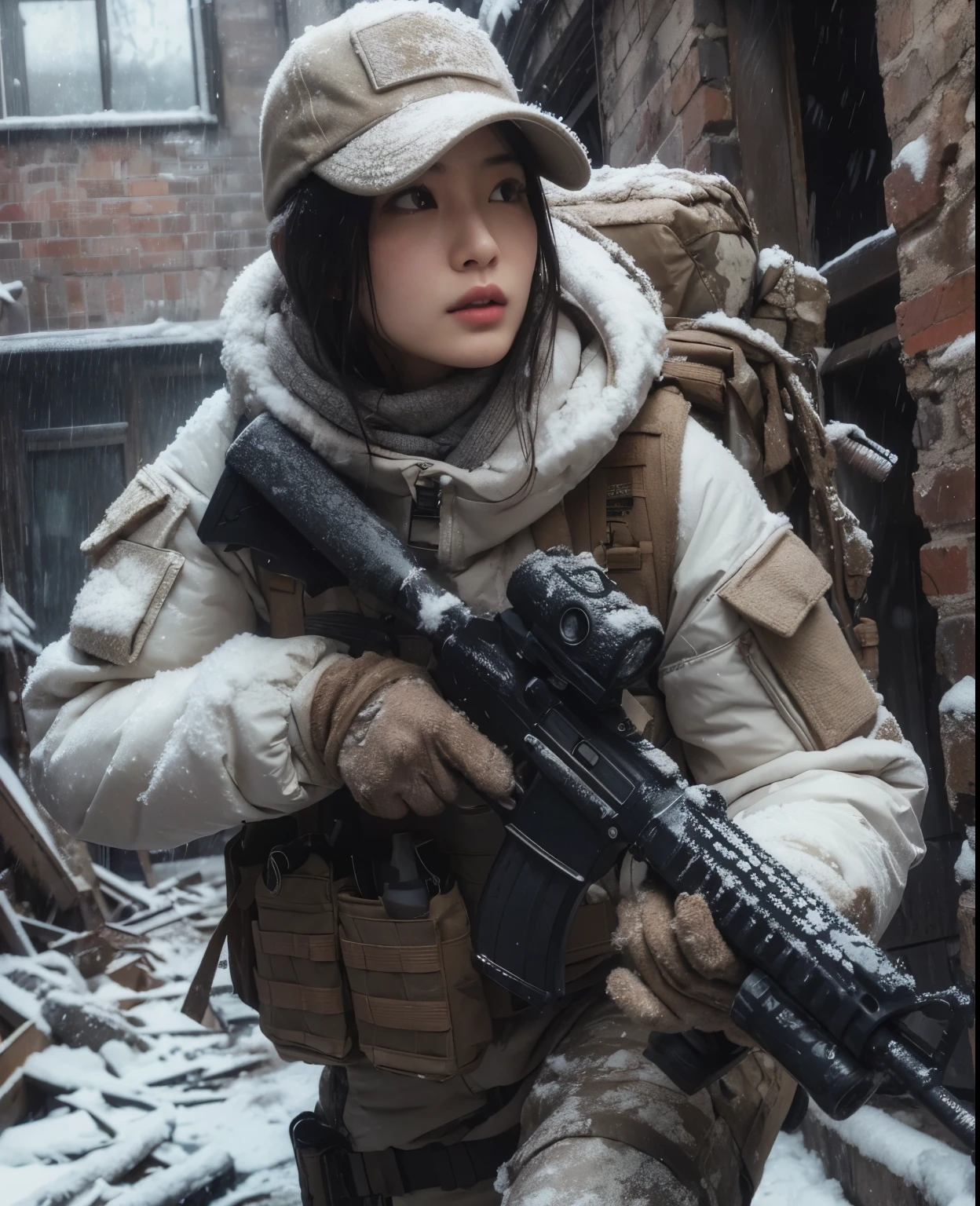 photorealistic、realistic skin texture、A beautiful Japanese woman belonging to the American military is in a city of winter rubble.、alley、old brick building、I&#39;m on guard、Backpack、tactical puffer jacket、baseball cap、automatic rifle、bulletproof vest、It's snowing、moving action pose、muddy boots