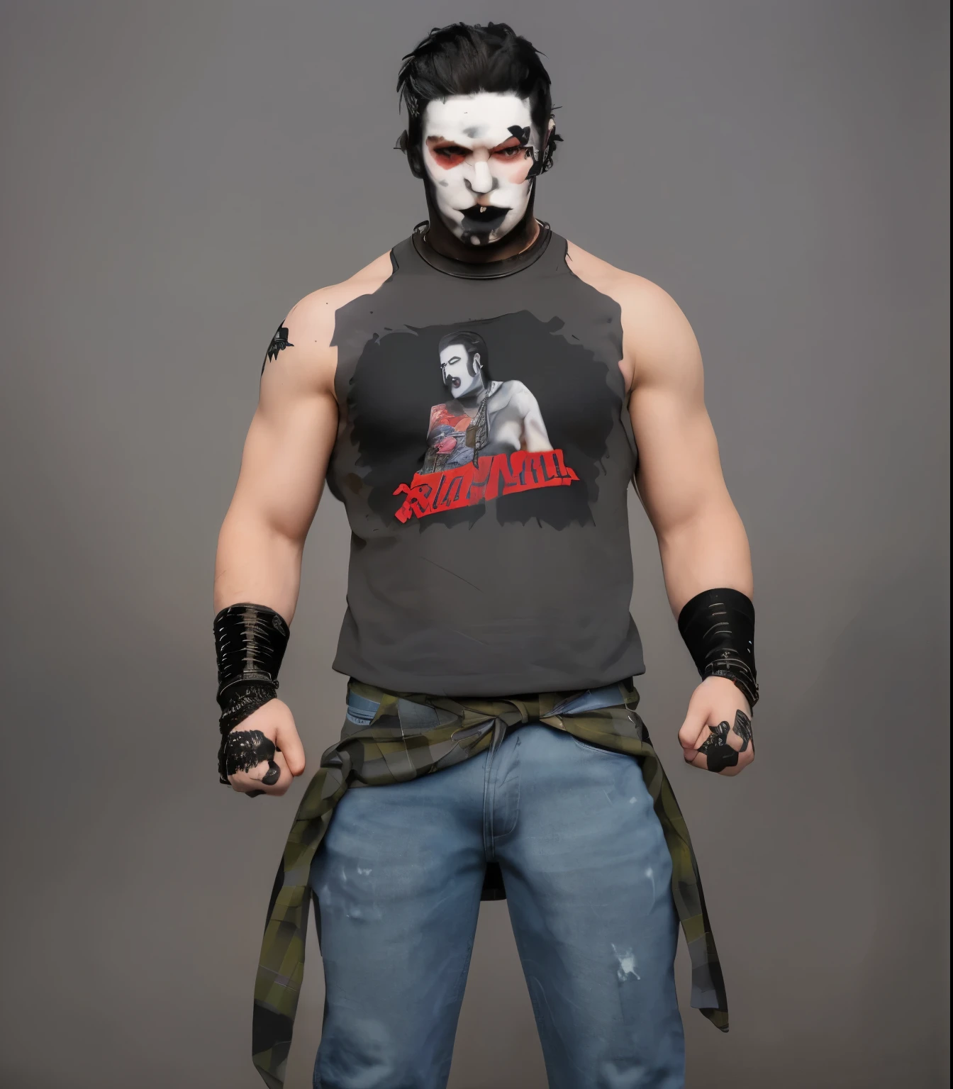 ((masterpiece, best quality)), arafed man with white face paint with clear face details and a dark grey shirt, mechanic punk outfit, ripped blue jean with a plaid shirt tied around waist, apocalyptic road warrior vibe, inspired by Dave Arredondo, road warrior, mma southpaw stance, upper body avatar, manly monster tough guy, technoviking male with no shirt, dressed in crustpunk clothing, beefcake pose, full body greg rutkowski, scary angry pose, photo realistic, intricate details