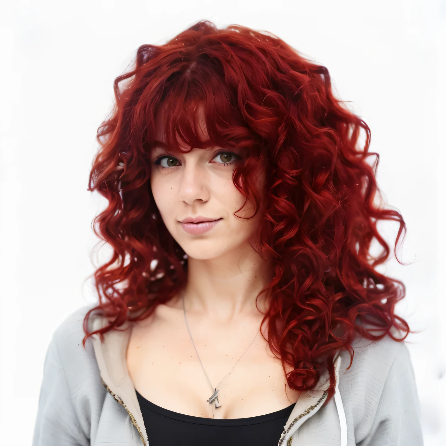 Italian woman with curly red hair with a snowboard in front of a snowy chalet