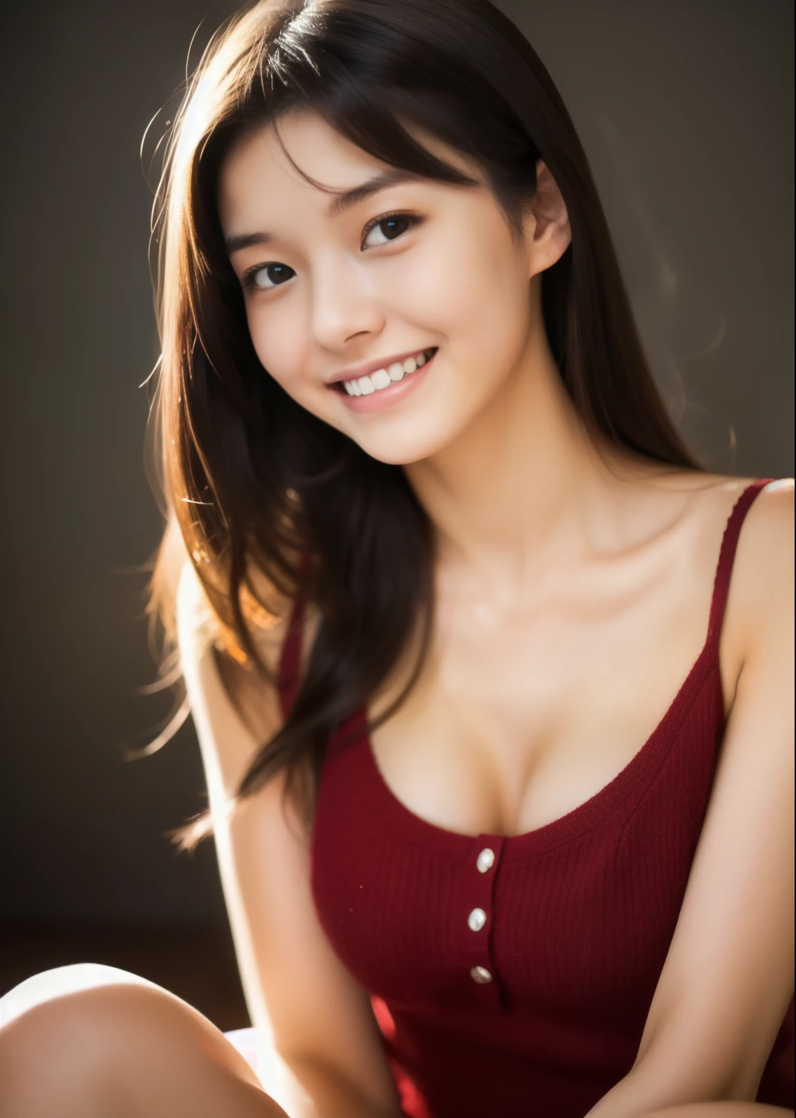Beautiful 21 years old woman。she is wearing a camisole。She looks ecstatic as if she had an orgasm during sex..。her dark brown hair。High resolution、masterpiece、highest quality、Head w:1.0、((Hasselblad Photos))、fine skin、fine knit、(movie lighting)、clavicle . she is smiling.