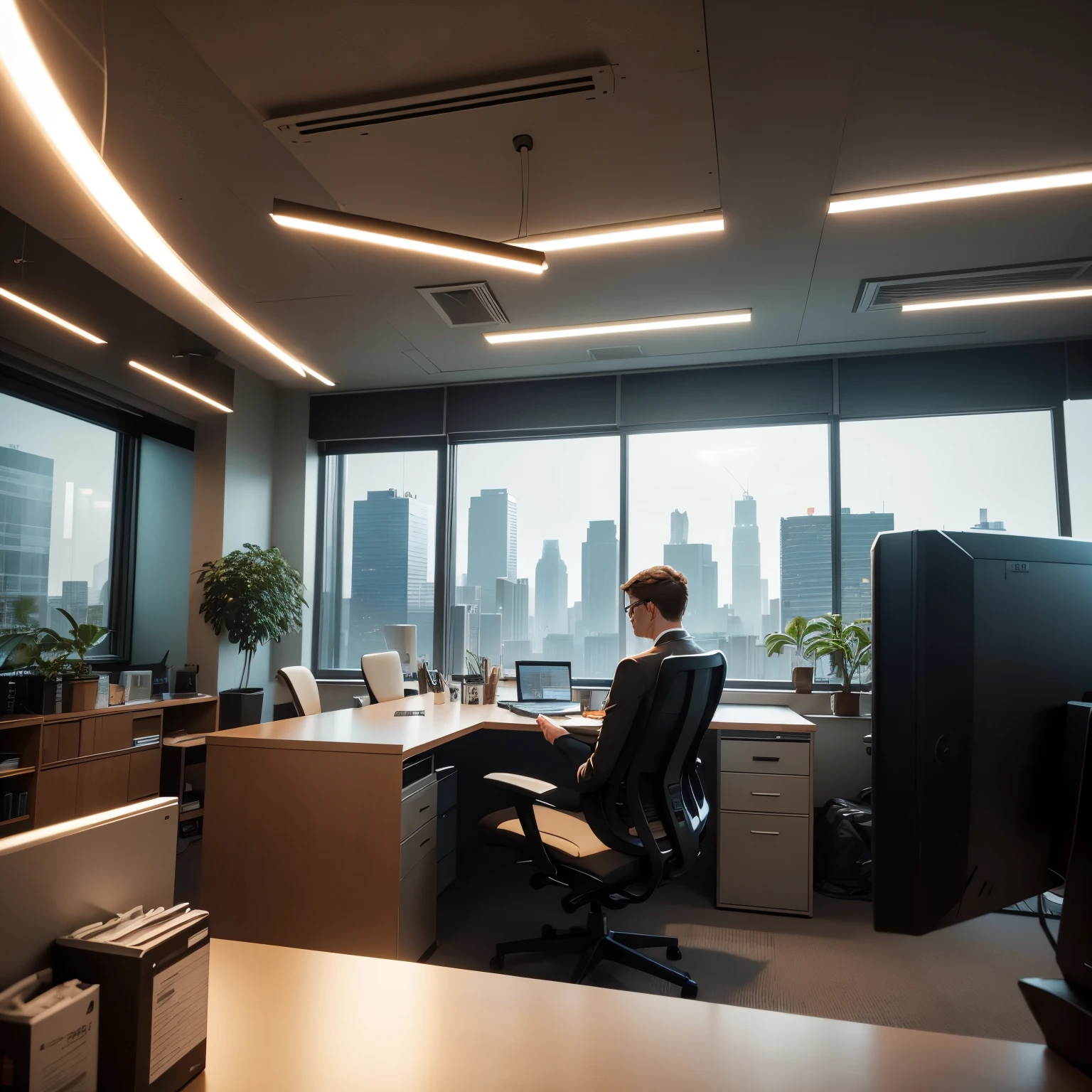 In the heart of a bustling urban landscape, nestled within the concrete jungle, lies a modern office space. Its air is filled with the faint hum of computers and the soft ringing of telephone calls. At the center of this workspace, there's an ergonomic black chair, invitingly placed in front of a sleek, state-of-the-art computer. The desk, meticulously organized with notebooks, pens, and a cup of steaming coffee, is bathed in the warm, soft glow of the overhead studio illumination. A keen, focused individual, dressed in professional attire, takes a seat in the chair, ready to dive into the digital world, keyboard poised and