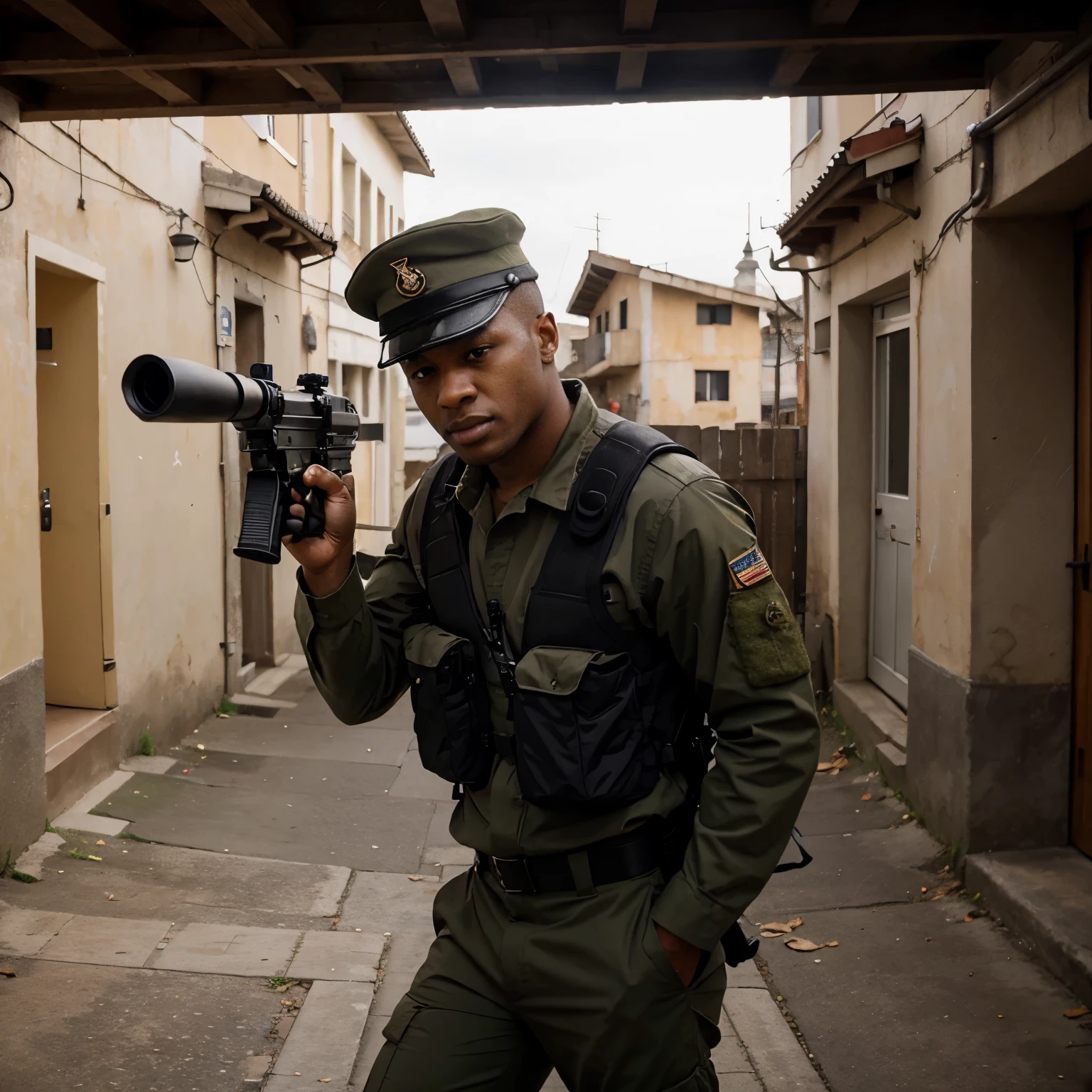 Um homem negro, with army military uniform, usando um rifle 762