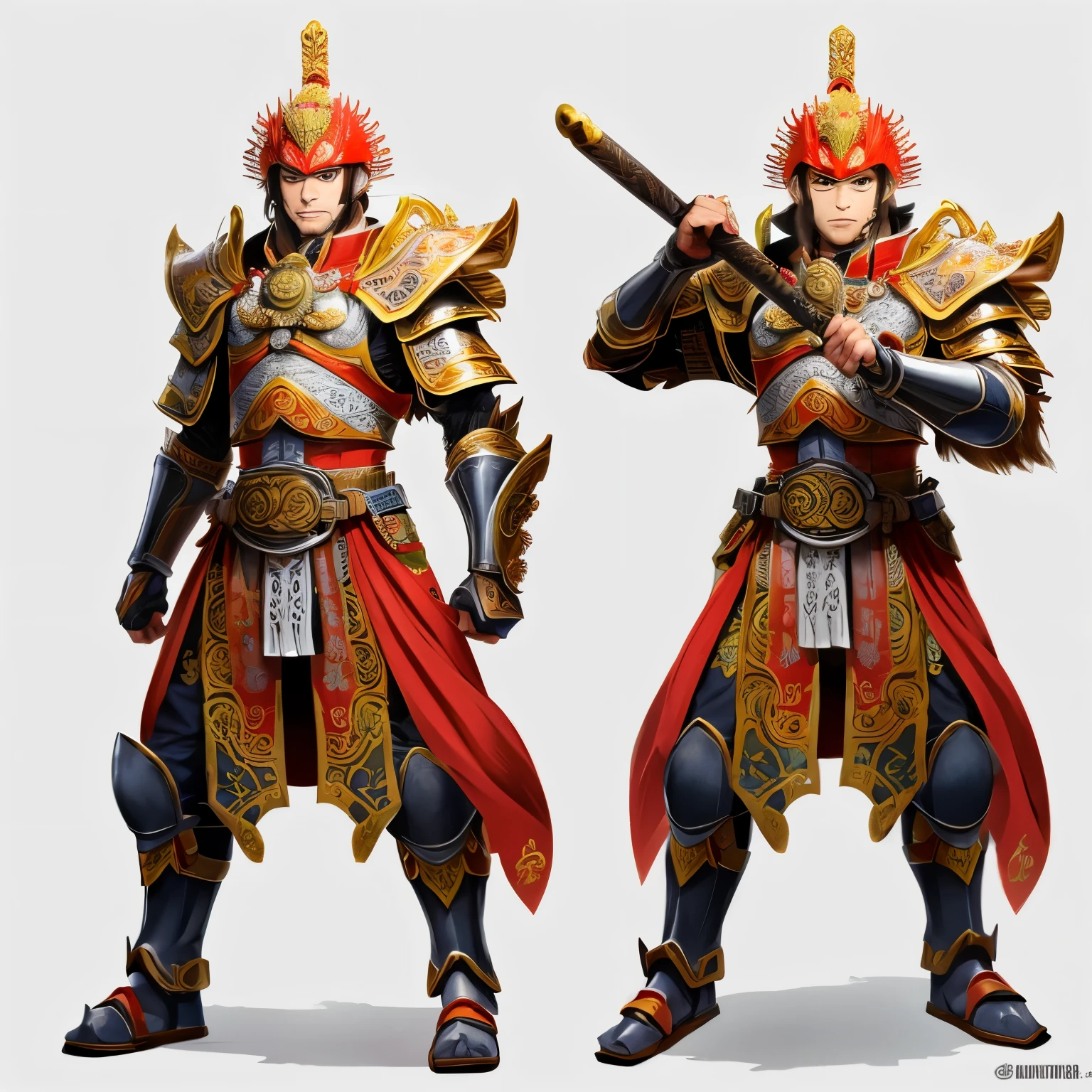 blank background, Sun Wukong、samurai armor、pocket、Er Dao Liu、whole body、Monkey personification