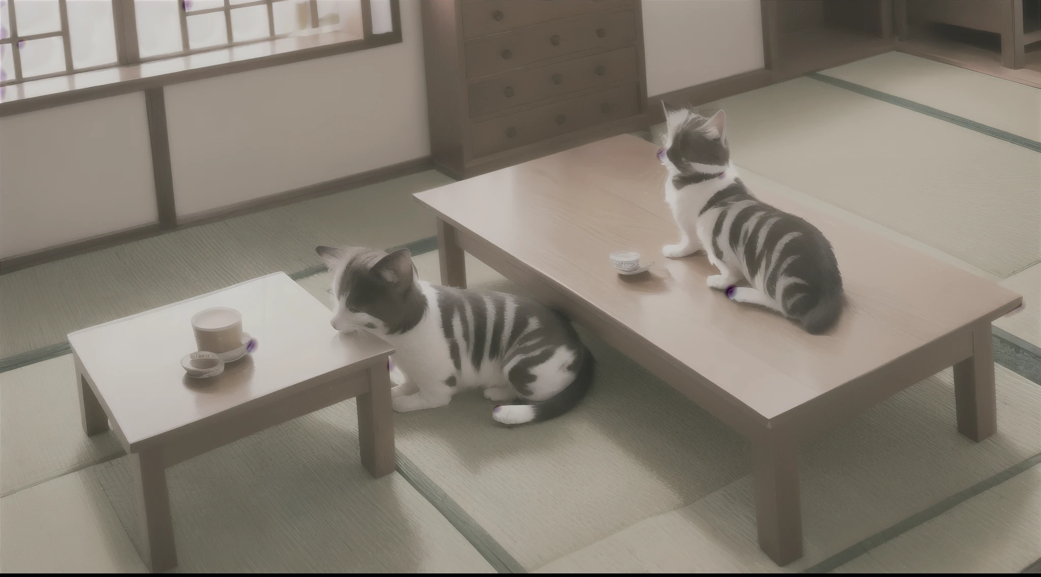 Girl with Cats in minimal japanese room