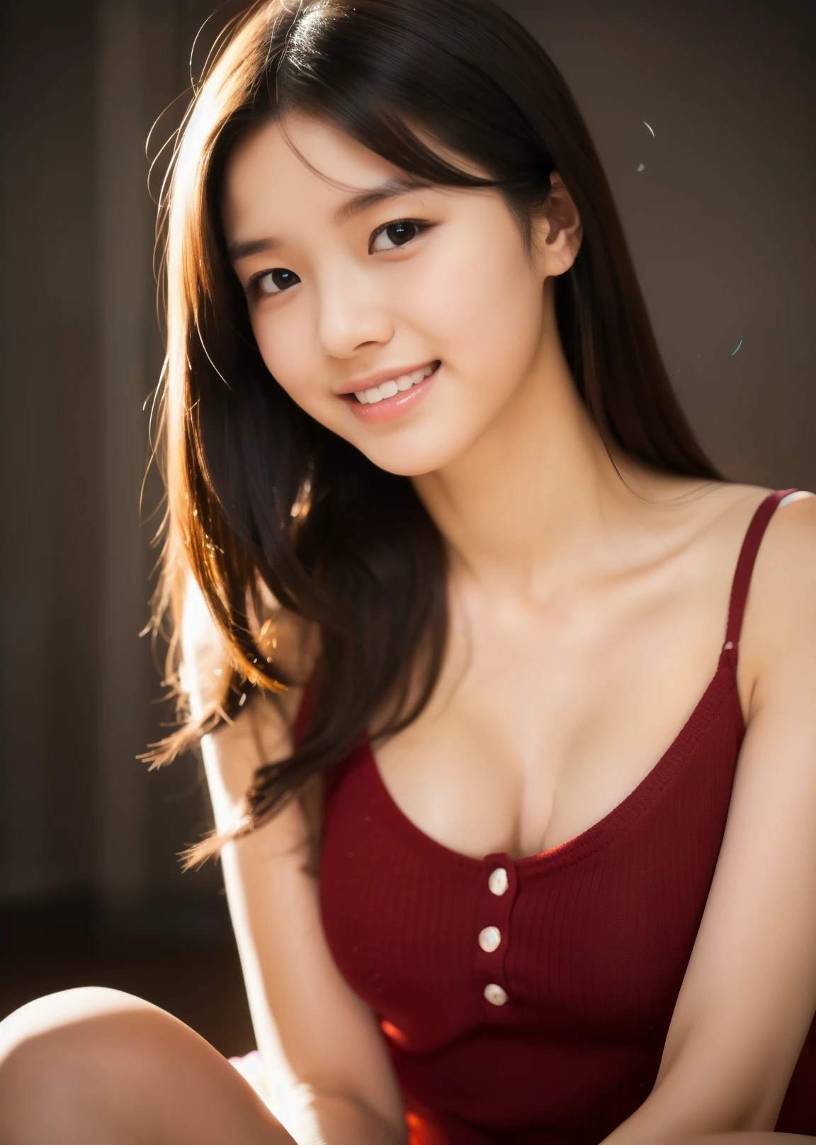 Beautiful 21 years old woman。she is wearing a camisole。She looks ecstatic as if she had an orgasm during sex..。her dark brown hair。High resolution、masterpiece、highest quality、Head w:1.0、((Hasselblad Photos))、fine skin、fine knit、(movie lighting)、clavicle . she is smiling.