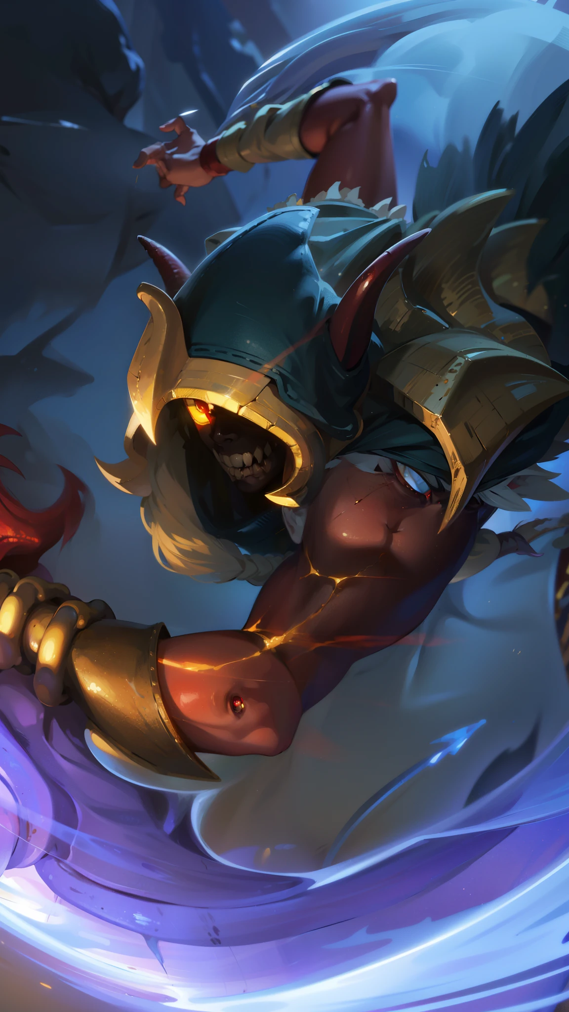 masculine male, masterpiece, ((perfect eyes)) best quality, (semirealism:1.9), beautiful lighting, (extremely detailed CG unity 4k fhd wallpaper), High Detail, Sharp focus, dramatic outdoors, white short hair, Boy with two big horns, big earrings on ears, elf ear, red eyes, Thick eyebrows, evil smile, grinning, red body, black face, Burning skin, yellow diamonds glistening on chest, burning red skin, golden robe behind, big white belt, 8k, realistic, scary, strong red eye glow (red eye:1.2).