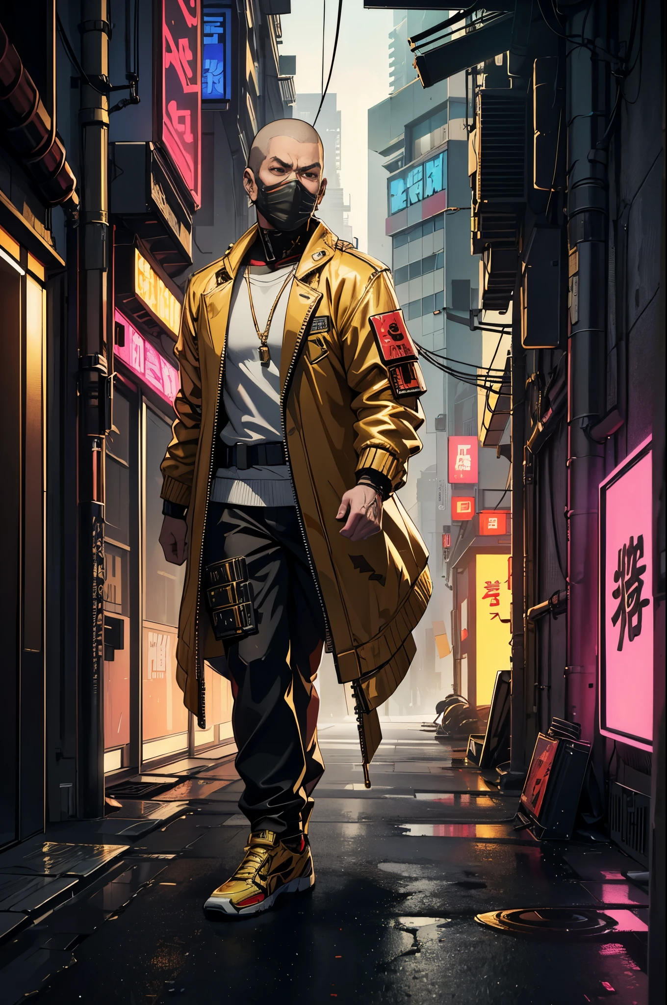 (best quality,4k,8k,highres,masterpiece:1.2),ultra-detailed,(realistic,photorealistic,photo-realistic:1.37),urban Japanese Yakuza fighter wearing a Demon Mask:1.35,full body,(Armed gangster),facing front,(gold, white, neon, cyberpunk military cloth:1.5),(cyberpunk Tokyo city background),portraits,vivid colors,sharp focus,physically-based rendering,extreme detail description,professional,horror,sci-fi,landscape,HDR,studio lighting