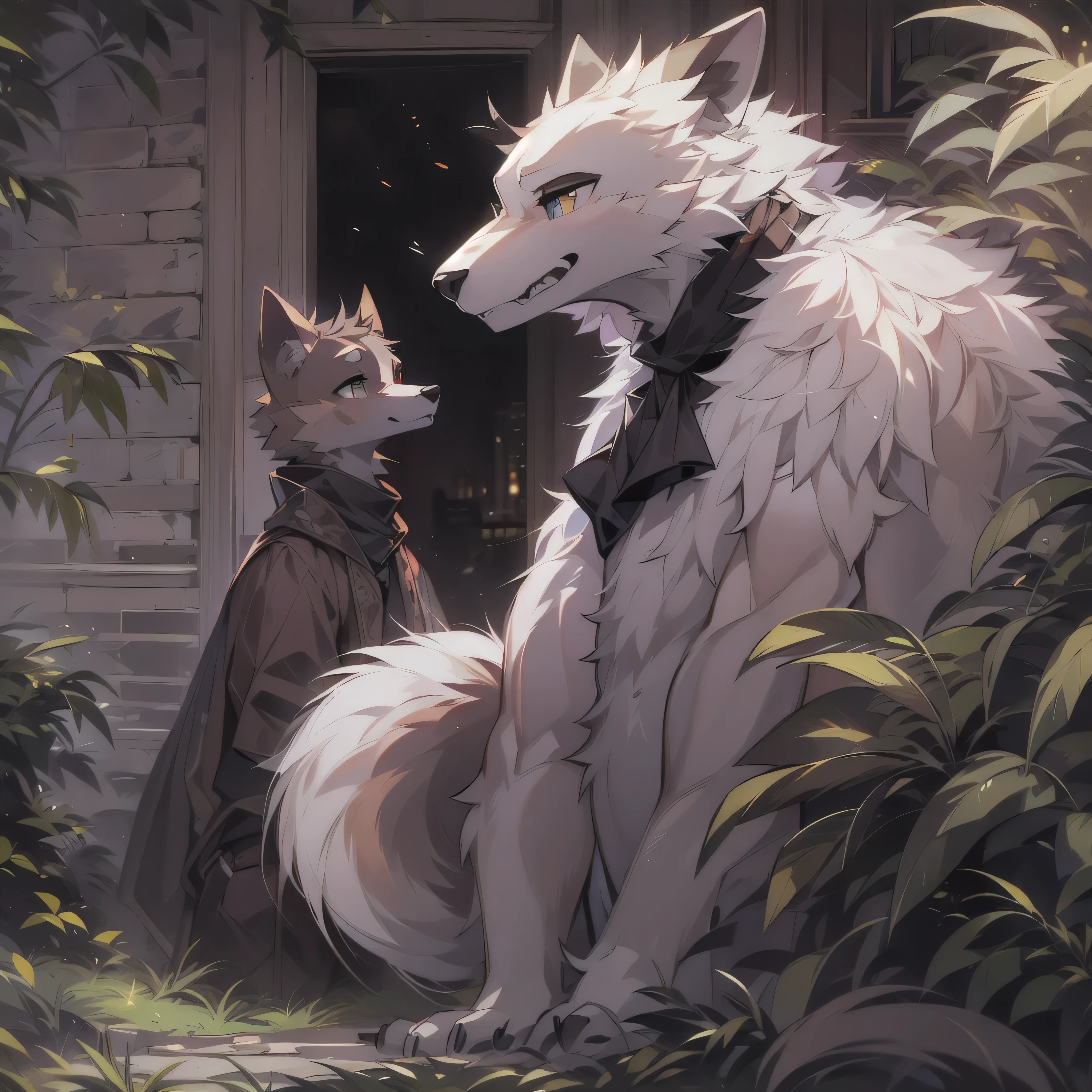 They dress up as two furry animals, clothing, plant, Humanity, mammal, Tree, fur, 穿clothing的, male, Detailed background, multicolored fur, hair, Jacket, shrub, external, colorful body, alone, nose, canine, fully 穿clothing的, Grass, black body, white body, window, shirt, canine, 黑nose, sky, finger, white fur, Empty, digital media (artwork), architecture, brown body, black fur, digital painting (artwork)