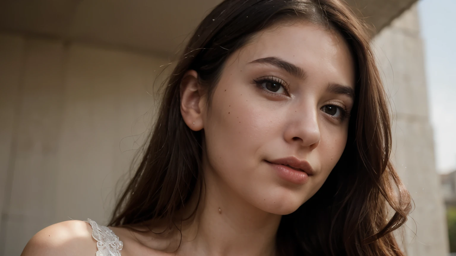 ((best quality)), ((masterpiece)), (detailed), perfect face, Close-up portrait, stunning 25-year-old Israeli woman, brunette, beautiful face, prominent nose, large eyes, and luscious moist lips, highly detailed facial features, detailed skin, sunken cheeks, a dimple on the chin, a mole above the upper lip.