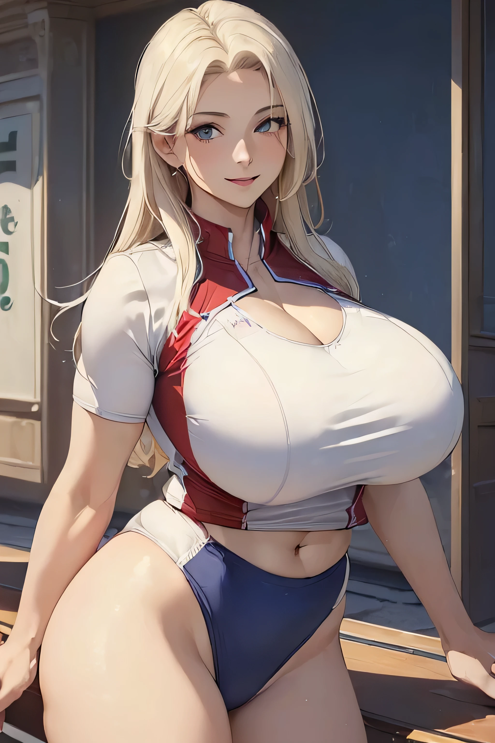 (highest quality, masterpiece:1.5), (sexy mature european woman, gentle smile:1.5) ,(huge breasts、white skin、thighs:1.5), (athletics uniforms:1.5)、cleavage、belly button