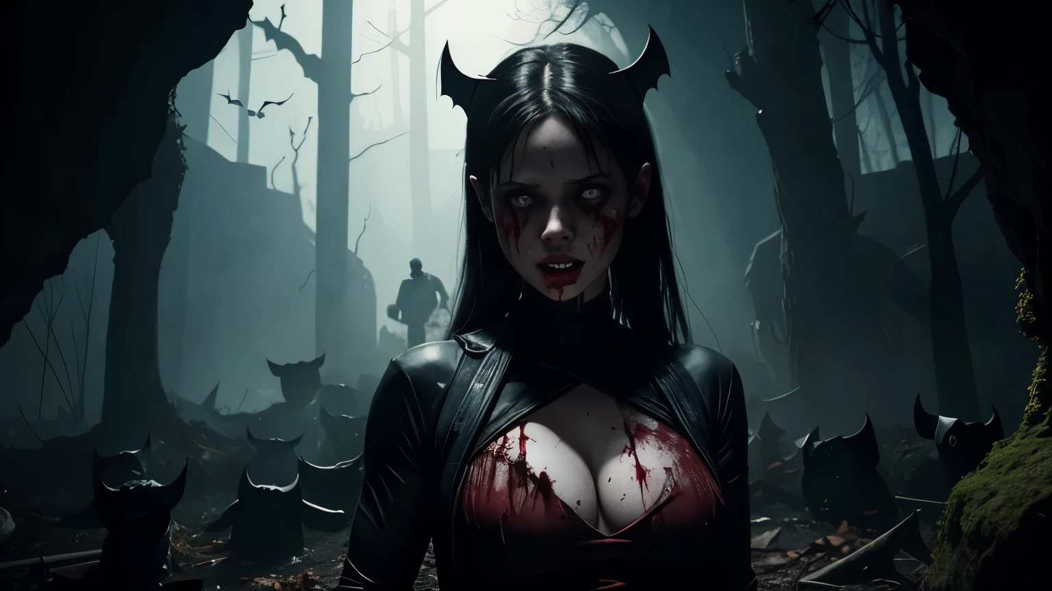 A creepy, dark, terrifying place, with bats, a bat woman, with a face and mouth full of blood appears on camera, horror film, strong scenes, dead people, spirits, death, 8k, dark cave, lots of flying bats, mouth full of blood, bat woman, entire upper part of the body showing tight clothes, lots of blood, horrible, terrifying scenes