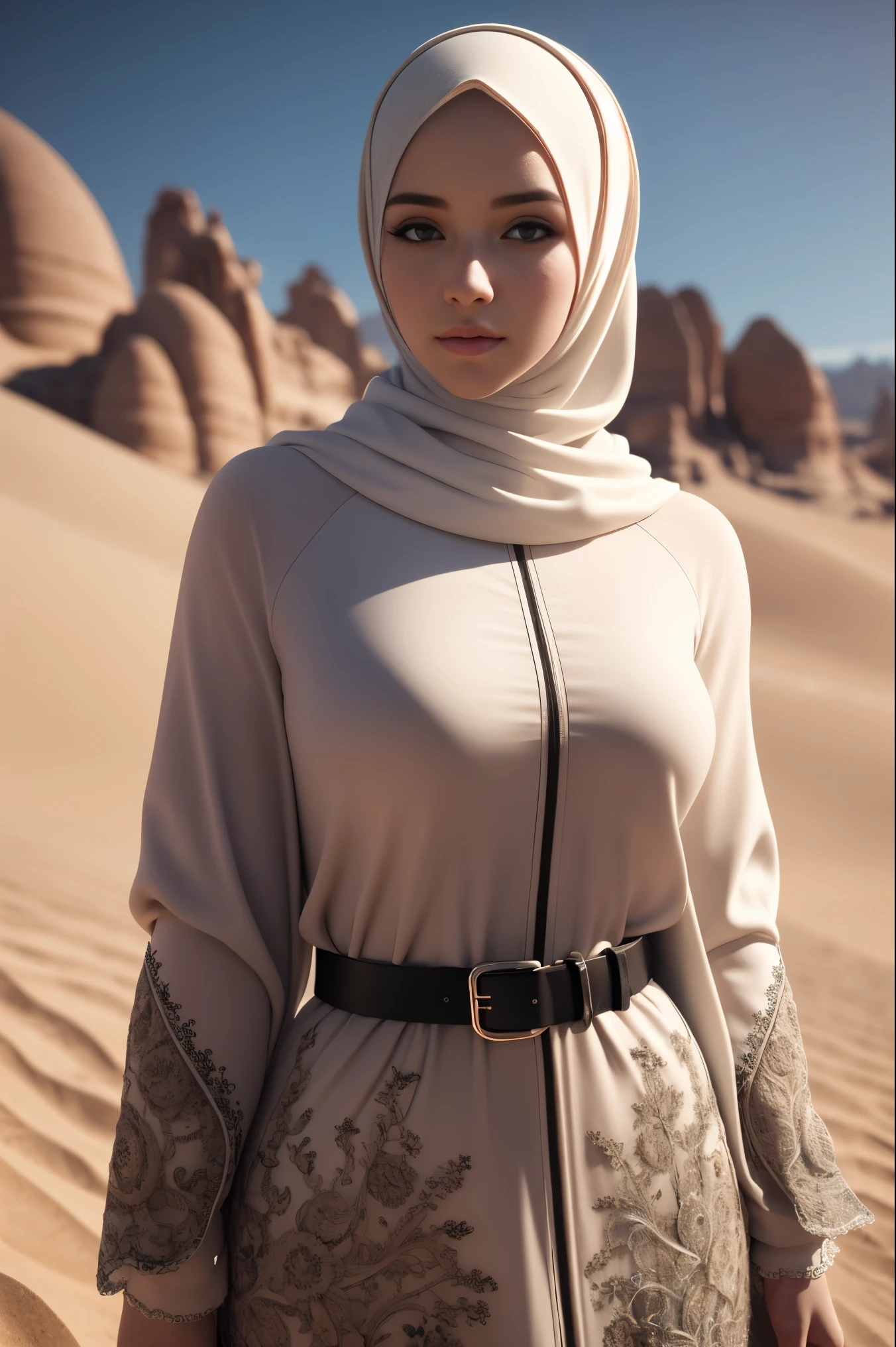 (realistic:1.3), insane detailed, quality, (masterpiece:1.2), (photorealistic:1.2), (best quality), (detailed skin:1.3), (intricate details), ray tracing, ((half body)), (1girl), 25 years old, hijab, medium breasts, white abaya, longsleeve, belt, desert, (blurry background), (extremely detailed skin, extremely detailed hair)