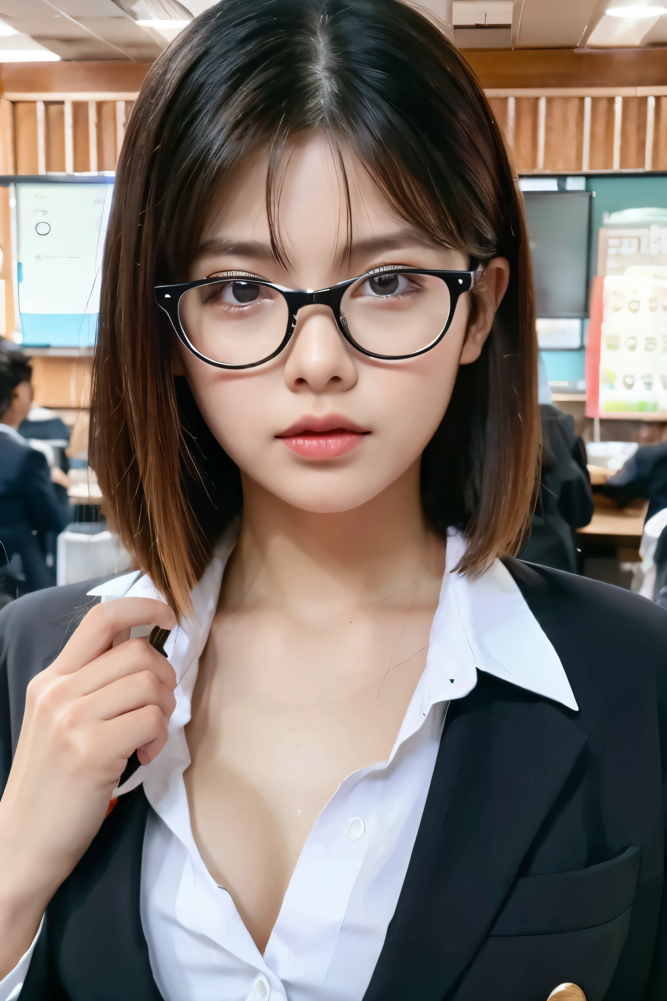 suit,white shirt,valley,plump breasts