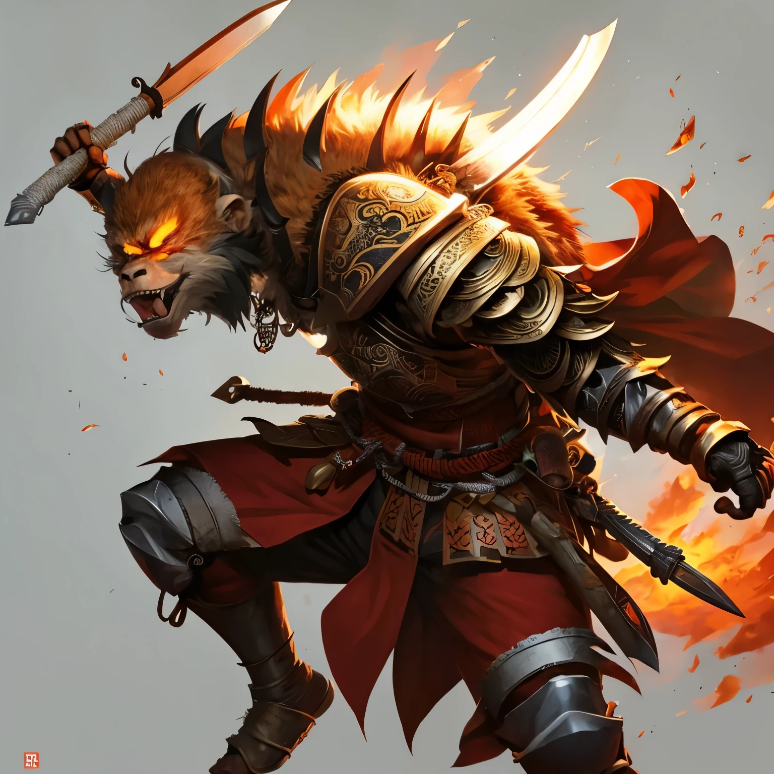 blank background, Sun Wukong、samurai armor、pocket、knife、whole body、Monkey personification、Like a beast、wild