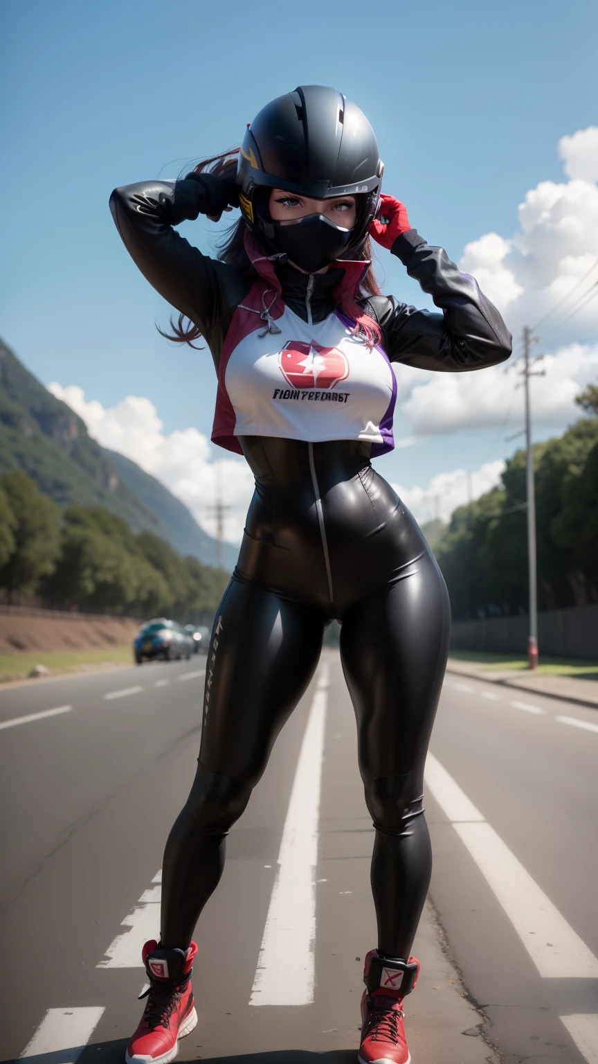 Fundo explodindo das Montanhas Rochosas、raios, estrelas, Série Super Sentai、Megaranger、big Butt, muscle girl, Full body purple clothes, Escolha uma pose de transformação、((black helmet covering entre face)), 8k, superdetail, Full body view, ((don't show eyes and faces)), viseira do capacete fechada preta, red shoes, black helmet,