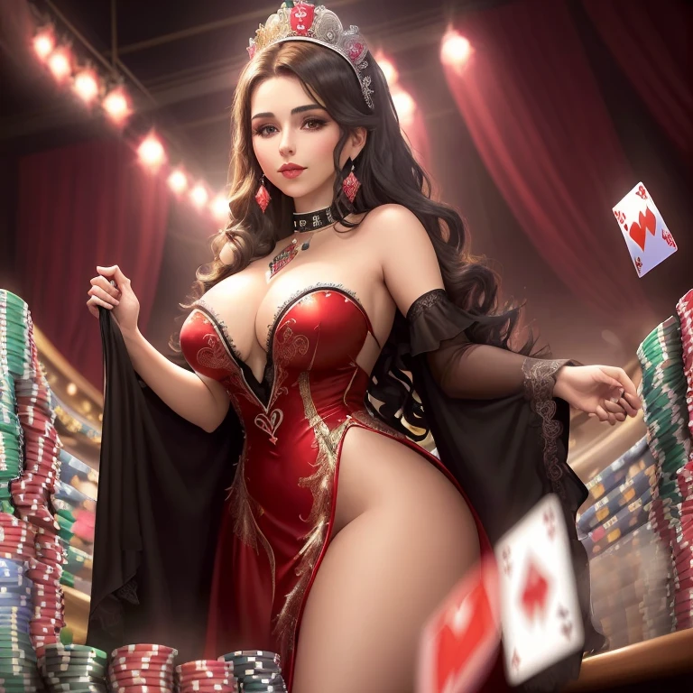 En un casino de lujo, A stunning woman wears an exquisite dress adorned with heart symbols like ace poker cards., encarnando la presencia real de la Reina de Corazones. Surrounded by a backdrop of cards and poker chips., Ella irradia confianza, sensuality and seduction., invitar a los jugadores a probar su suerte y sus habilidades de juego. ((Hiperrealista)), ((muchas cartas)), ((hermosa)), ((ambiente casino))