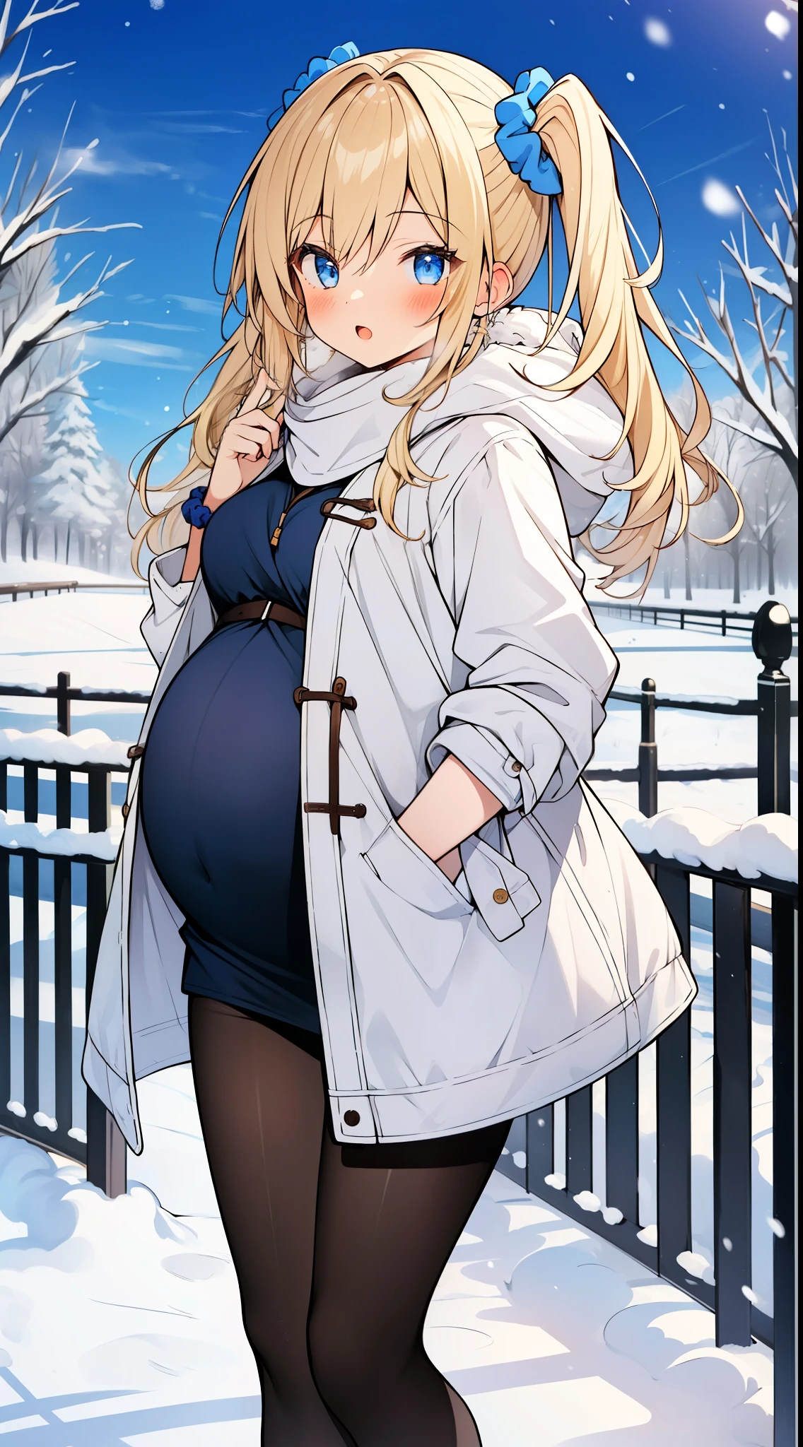 masterpiece, best quality,((1girl,solo))、
pregnant high school girl、
blonde-hair-twintail-hair、
Scrunchie decoration on hair、
slender、lanky、leggy、
winter style girl, Winter clothing terms (outerwear, tops, bottoms, accessories)