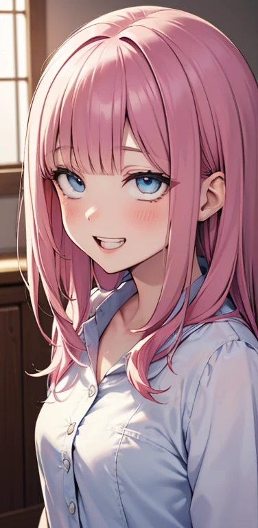 Realistic、1girl、fluorescence　pink hair、blue eyes、(eye focus:1.3,face focus:1.3,upper body:1.5),(gradient eyes:1.3),(blouse)、smiley face,open mouth,(grin:1.3),blunt bangs、cute face,portrait,ahegao
