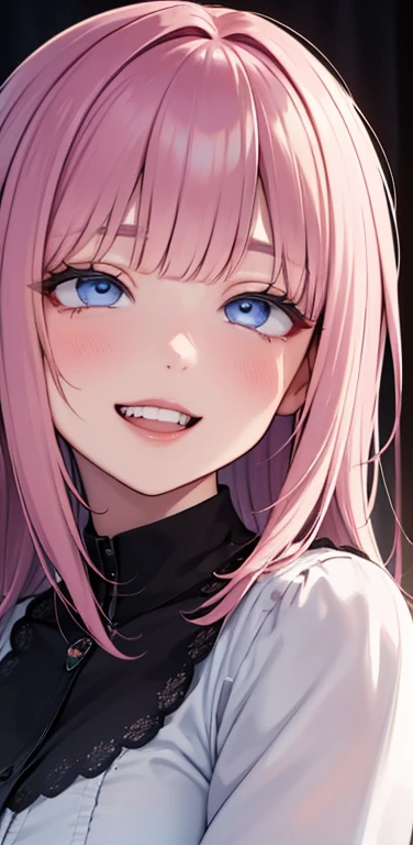 Realistic、1girl、fluorescence pink hair、blue eyes、(eye focus:1.3,face focus:1.3,upper body:1.5),(gradient eyes:1.3),(blouse)、smiley face,open mouth,(grin:1.3),blunt bangs、cute face,portrait,ahegao