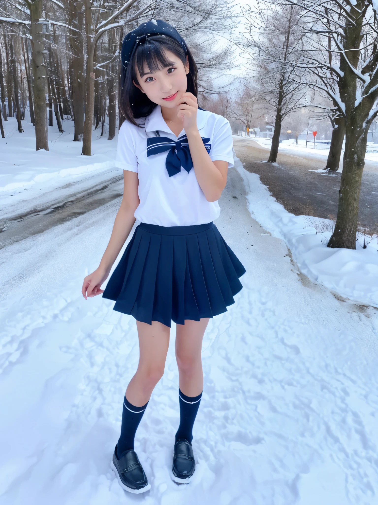 (in 8K、RAW Photos、top-quality、masterpiece:1.2), (realisitic、Photorealsitic:1.37), ultra-detailliert, high resolution, 1girl in, a closeup, Raw feet, A dark-haired, black eyes, japanese, color contact lens, (beautiful legs:1.3), (slender girl:1.4), a beauty girl, (Thin legs:1.3), a sailor suit, , high-school girl, JK, Ultra mini skirt, Dark blue pleated skirt, Short socks, Tri-fold socks, white sock, (short sleeves:1.3), (black loafers shoes:1.3), Full body, (standing:1.2), (heavy snowing:1.1), (deep snow:1.1),(dark_skin:1.3),(tanned_skin:1.5)