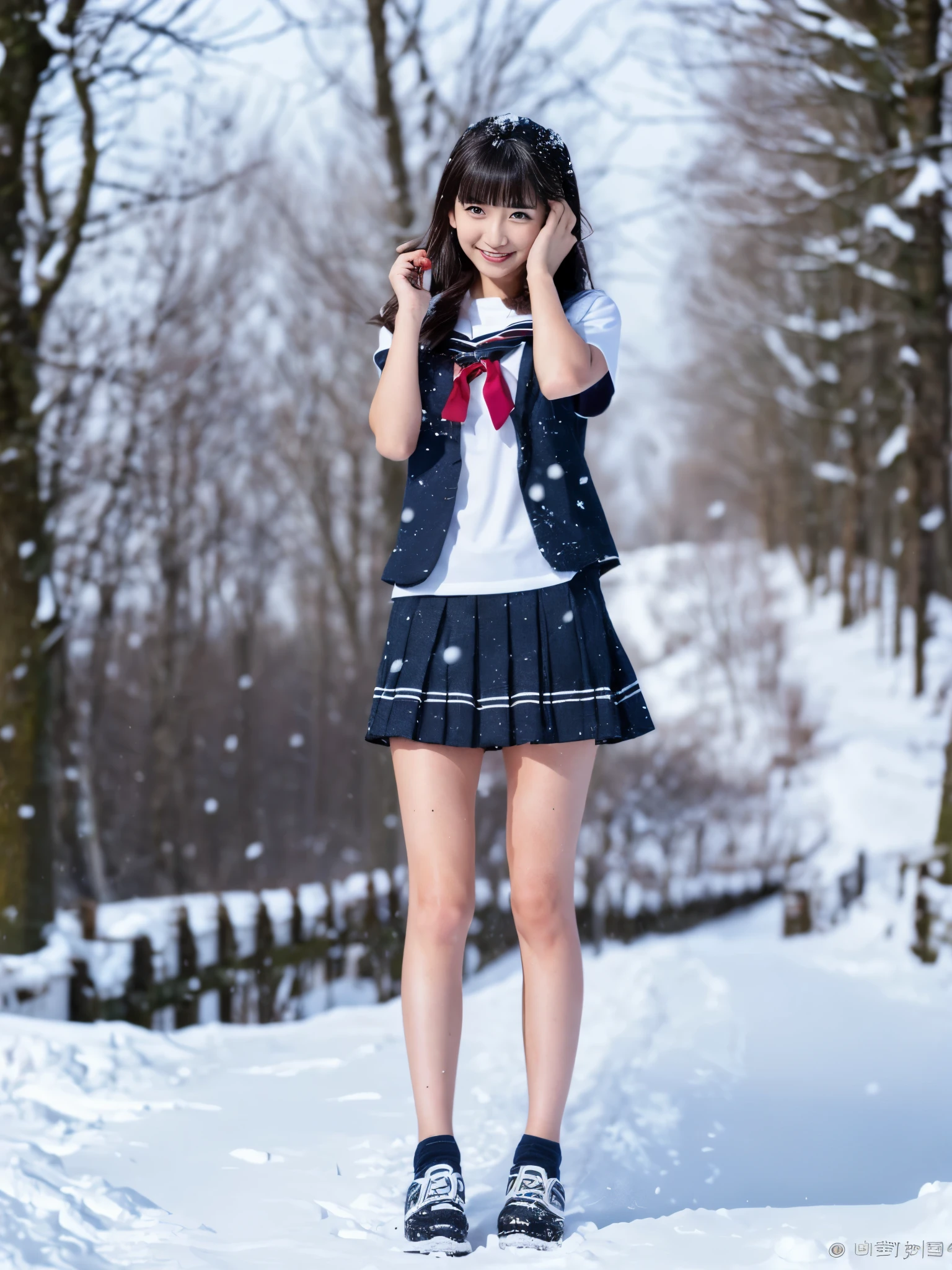(in 8K、RAW Photos、top-quality、​masterpiece:1.2), (realisitic、Photorealsitic:1.37), ultra-detailliert, high resolution, 1girl in, a closeup, Raw feet, A dark-haired, black eyes, japanese, color contact lens, (beautiful legs:1.3), (slender girl:1.4), a beauty girl, (Thin legs:1.3), a sailor suit, , high-school girl, JK, Ultra mini skirt, Dark blue pleated skirt, Short socks, Tri-fold socks, white sock, (short sleeves:1.3), (black loafers shoes:1.3), Full body, (standing:1.2), (heavy snowing:1.1), (deep snow:1.1),(dark_skin:1.3),(tanned_skin:1.5)