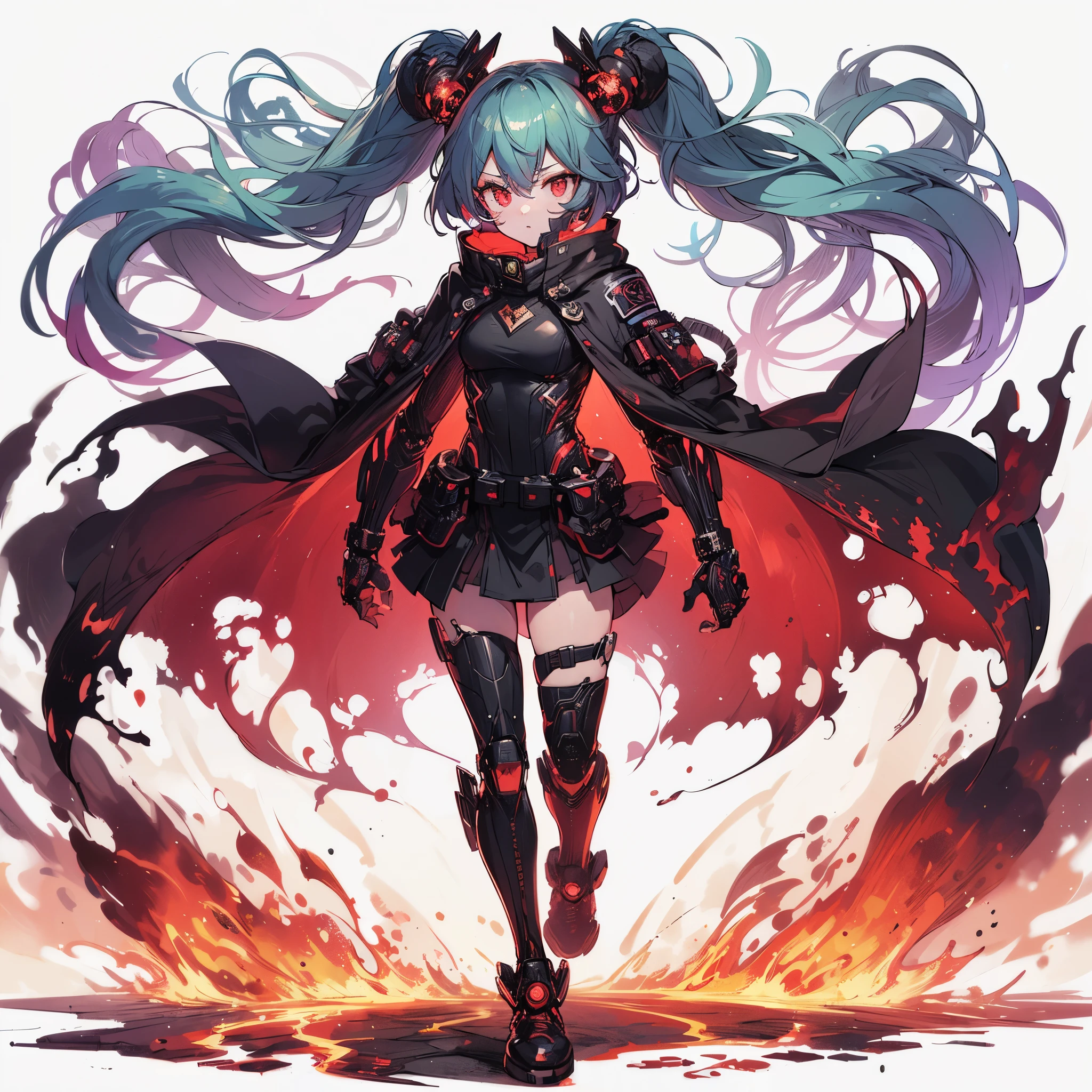 (masterpiece, Best Quality), (Perfect athlete body:1.2), (detailed hairs), Ultra-detailed, Anime style, Full body, cyberpunk Egge runner girl, burnt black mechanical limb, ((fists of black-purple flame)), Sea green two top knots hairstyle with red eyes, wearing ragged cape and cyberpunk outfit. standing in magma, 8k high resolution, white background, whole-body, full-length view,