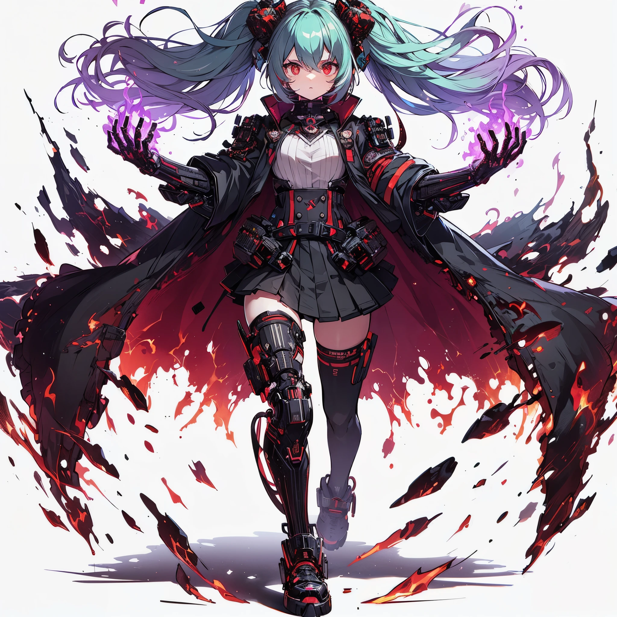 (masterpiece, Best Quality), (Perfect athlete body:1.2), (detailed hairs), Ultra-detailed, Anime style, Full body, cyberpunk Egge runner girl, burnt black mechanical limb, ((fists of black-purple flame)), Sea green two top knots hairstyle with red eyes, wearing ragged cape and cyberpunk outfit. standing in magma, 8k high resolution, white background, whole-body, full-length view,