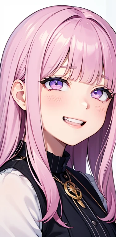 Realistic、1girl、fluorescence　pink hair、blue eyes、(eye focus:1.3,face focus:1.3,upper body:1.5),(gradient eyes:1.3),(blouse)、smiley face,open mouth,(grin:1.3),blunt bangs、cute face,portrait,ahegao
