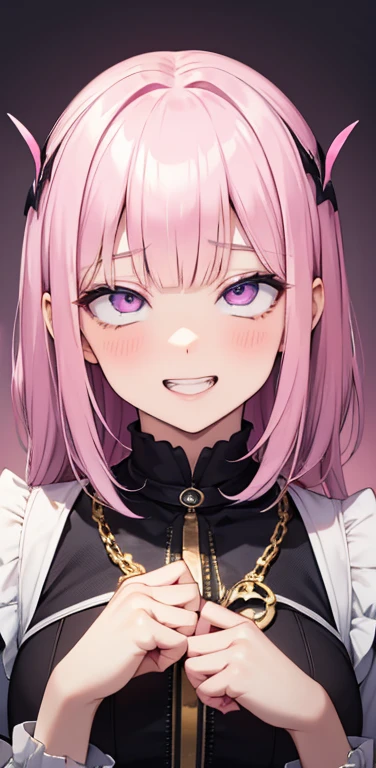 Realistic、1girl、fluorescence　pink hair、blue eyes、(eye focus:1.3,face focus:1.3,upper body:1.5),(gradient eyes:1.3),(blouse)、smiley face,open mouth,(grin:1.3),blunt bangs、cute face,portrait,ahegao
