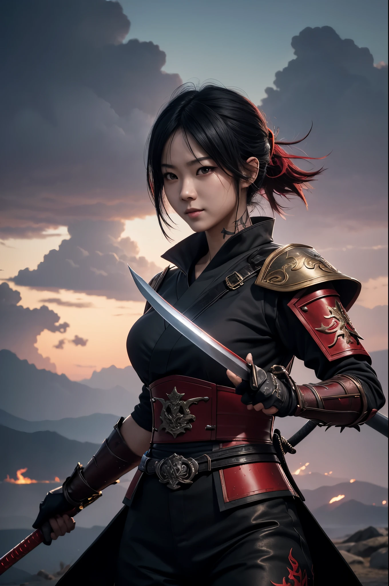 8K、Japanese style female ninja costume,girl demon slayer,alone,Super beautiful(like the real thing),red eyes(red glowing effect),black bob hair,black devil blade armor,black pants(devil's emblem embroidery),golden decoration,heading there、long and large Japanese sword,demon slayer woman,Remains,spectacular artwork、wind effect:1.9、cloud effect:1.2、full rendering、Caustic soda coating、unreal engine、1 Japanese sword,An innocent expression,Cool girl,ultra high resolution,super realistic skin,Super precise hand details,1Japanese sword and book,fantasy art,smile,battle scene,action scene,action pose,fighting style,Photorealistic RAW photos of the highest quality。Backlight, cinematic lighting, film grain, to be born, 50mm lens, Nikon D850,realistic skin,fantasy art,character art,ultra high resolution,Macho with a muscular slender body,red devil emblem tattoo on face(Tattoo that glows red),Precise facial details,rock,clothed in many lightnings,fighting pose,thundercloud,