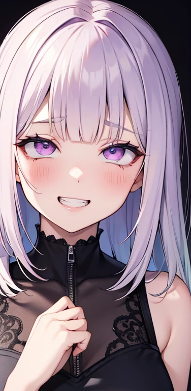 Realistic、1girl、fluorescence　pink hair、blue eyes、(eye focus:1.3,face focus:1.3,upper body:1.5),(gradient eyes:1.3),(blouse)、smiley face,open mouth,(grin:1.3),blunt bangs、cute face,portrait,ahegao
