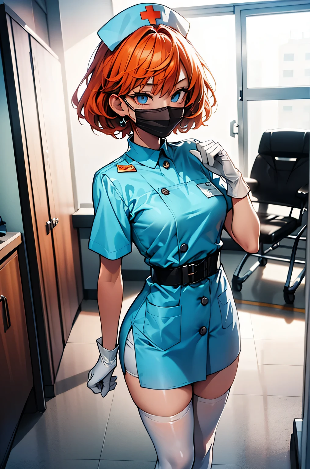 1 girl, alone, nurse, nurse cap, Whiteware, ((white legwear, zettai ryouiki)), white gloves, very short hair, orange hair, ((white surgical mask, Covered nose)), Are standing, ((hospital room)), sharp outline, short sleeve, Tomboy, boyish, highest quality, masterpiece