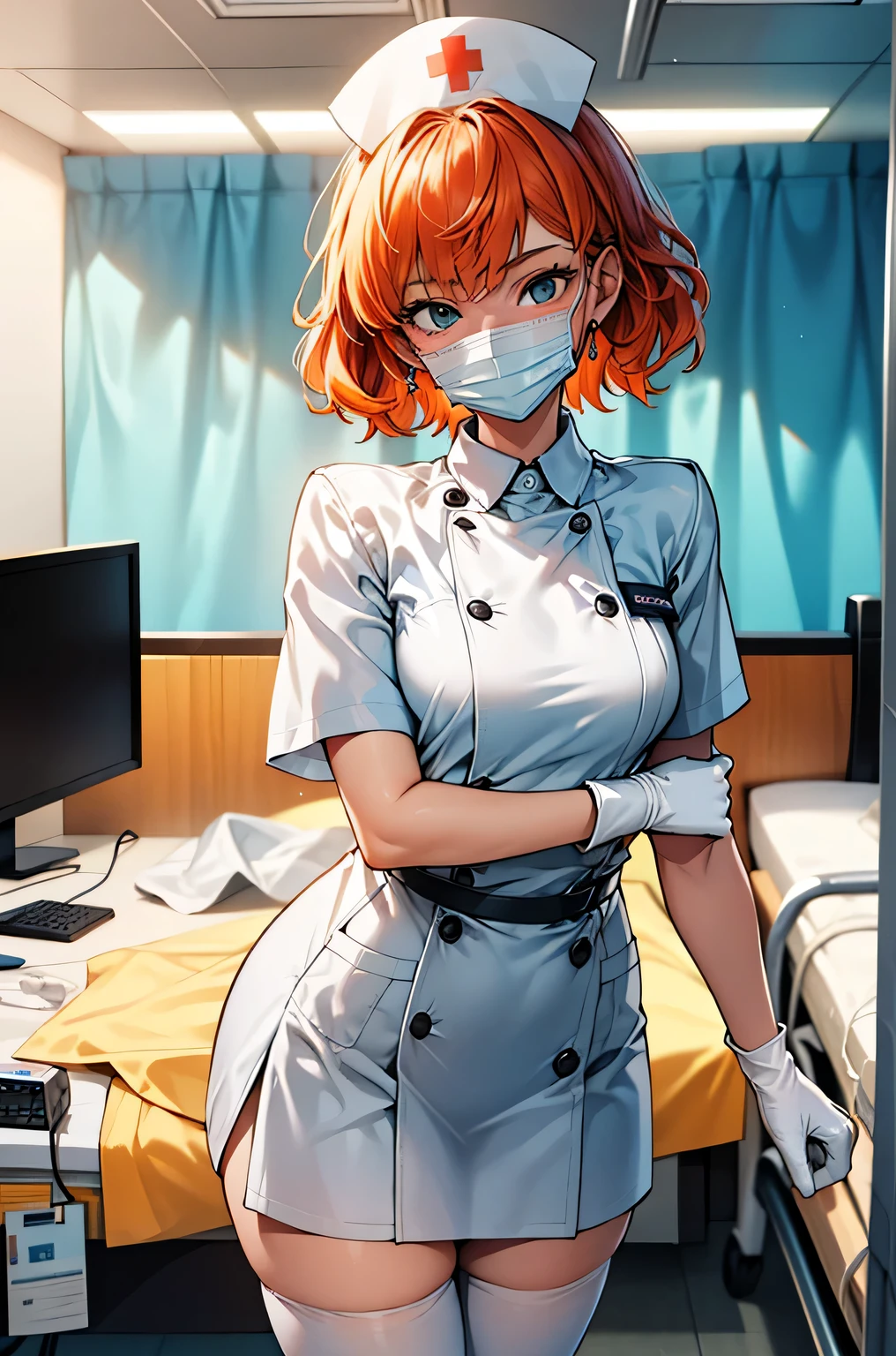 1 girl, alone, nurse, nurse cap, Whiteware, ((white legwear, zettai ryouiki)), white gloves, very short hair, orange hair, ((white surgical mask, Covered nose)), Are standing, ((hospital room)), sharp outline, short sleeve, Tomboy, boyish, highest quality, masterpiece