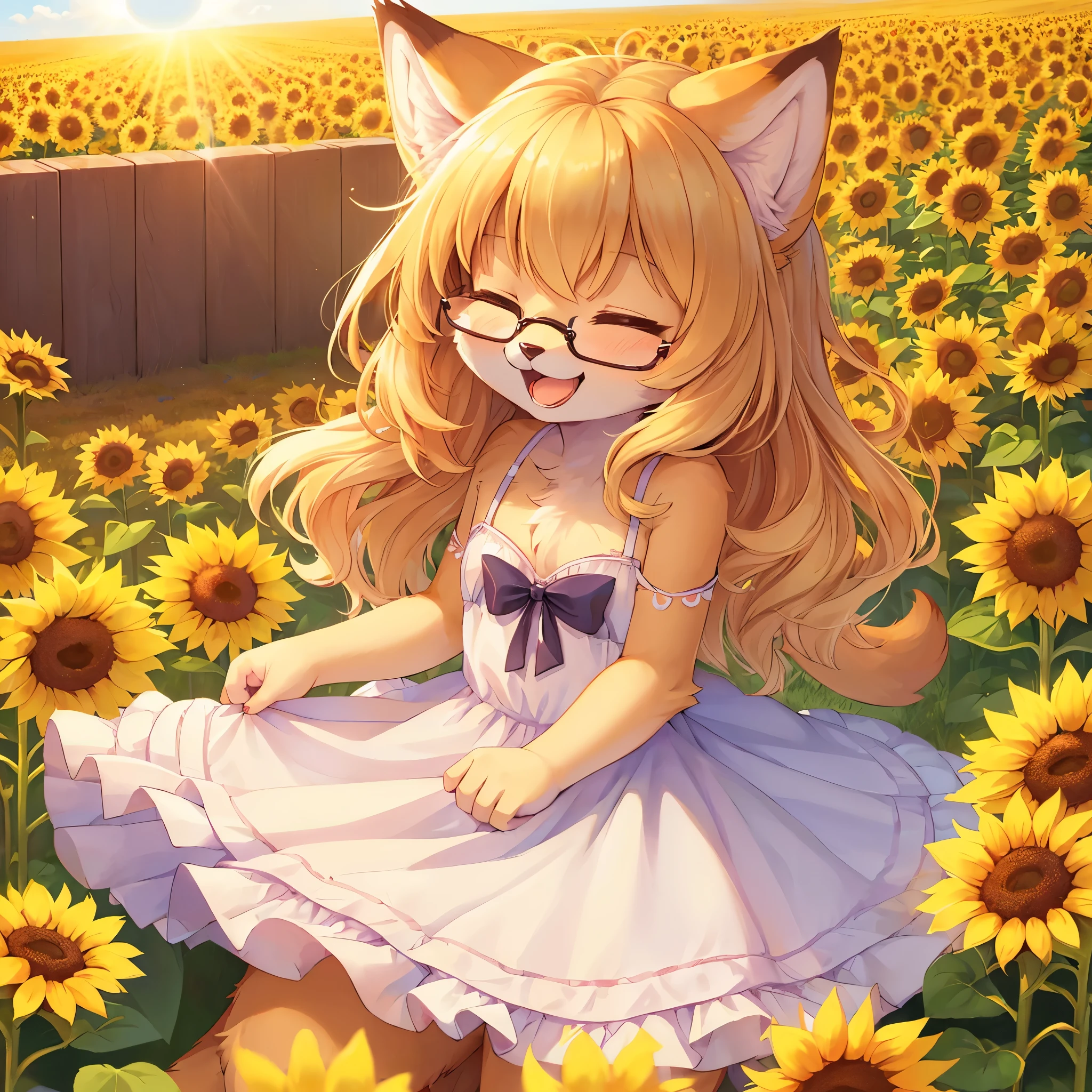(fluffy anthro furry:1.6),(young:1.6)best resolution,best quality,mini girl,cat girl,small breasts,cutie dress,sunflower field,sun beam,smile,two eyes closed,open mouth,glasses