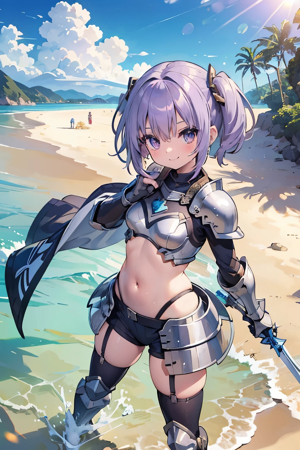 masterpiece, sandy beach, middle ages, sunlight, 1 girl, gray eyes, purple hair, smile＋happy, twintails, short hair,　bikini armor knight, longsword, cute eyes, small breasts,　fighting pose
