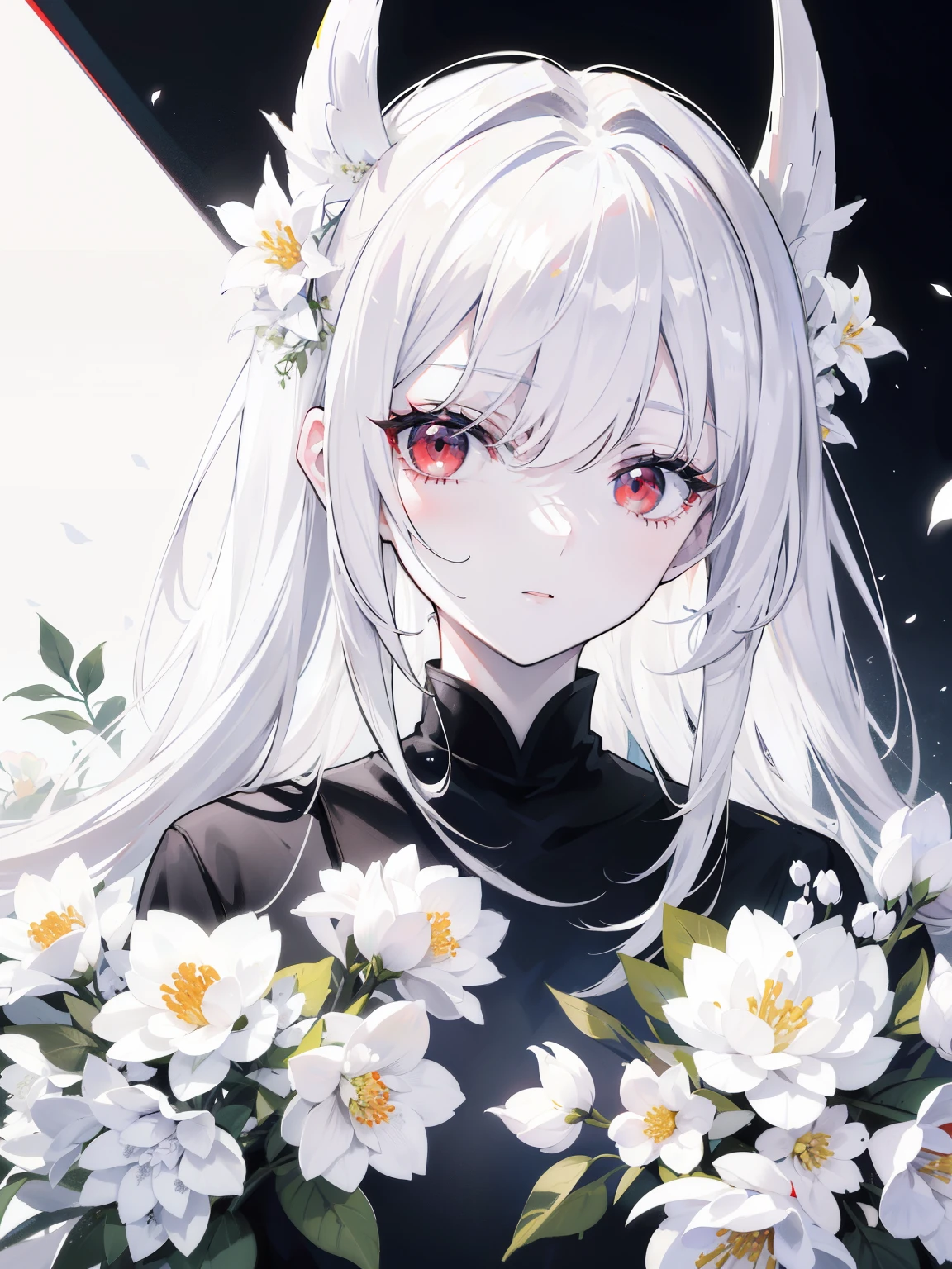 pale skin, White hair, black sweatshirt, white flowers, Flowers in the head, double tails, , One,{{Best quality}}, {{masterpiece}}, {{ultra detailed}}, {illustration}, {detailed light}, Red eyes,long hair,