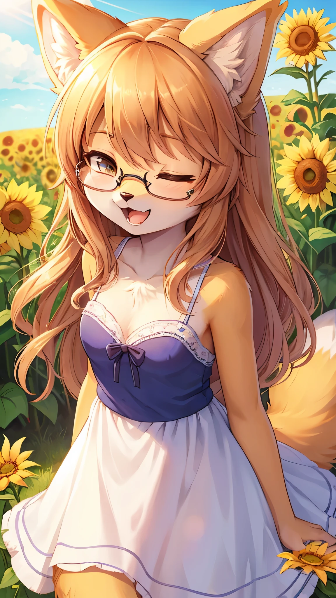 (fluffy anthro furry:1.6),(young:1.6)best resolution,best quality,mini girl,cat girl,long hair,wavy hair,small breasts,cutie dress,sunflower field,sun beam,smile,two eyes closed,open mouth,glasses