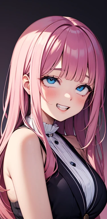 Realistic、1girl、fluorescence　pink hair、blue eyes、(eye focus:1.3,face focus:1.3,upper body:1.5),(gradient eyes:1.3),(blouse)、smiley face,open mouth,(grin:1.3),blunt bangs、cute face,portrait,ahegao
