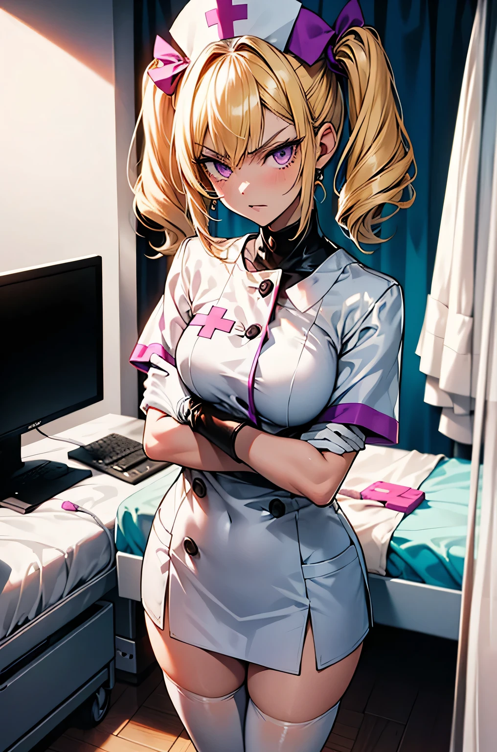 1 girl, alone, nurse, nurse cap, Whiteware, ((white legwear, zettai ryouiki)), white gloves, twin tails, yellow hair, purple eyes, anger, crossed arms, Are standing, ((hospital room)), sharp outline, short sleeve, highest quality, masterpiece