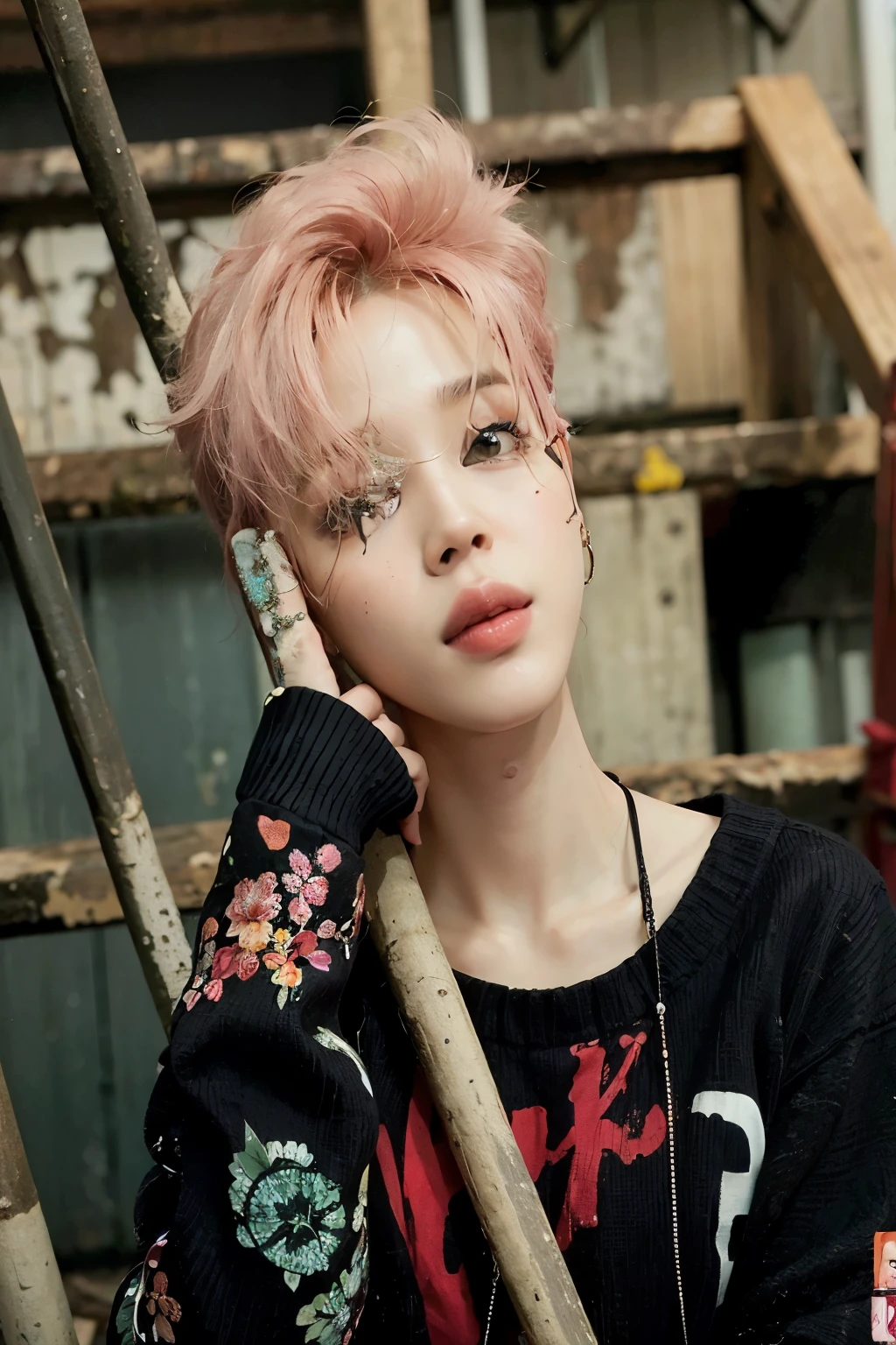 um close de uma pessoa sentada em uma escada com uma vara, park Jimin, Jimin\the full lips, Jimin, accurate Jimin face, Jimin\o nariz grego, Jimin\the right eyelid is swollen, Jung Jaehyun, hyung tae, cai xukun, Hong junho hyung, Retrato de Jossi do Blackpink, dia de primavera, com cabelo rosa