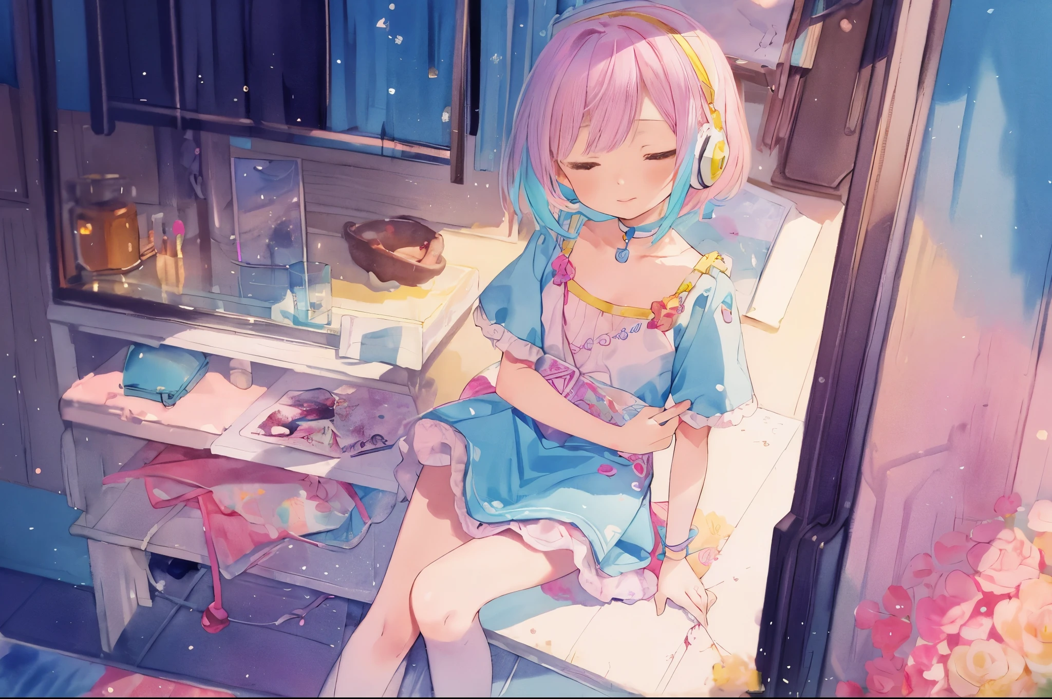 (highest quality）、（masterpiece：1.2）、（colorful：0.9）、（color scattering）、（watercolor painting)、sharp focus、model shot, High resolution, (anime style:1.1), ) ((highest quality)), (Super detailed), (beautiful), alone, beautiful face、12 years old、(Detailed cute cute girl sitting on a chair in her room and listening to music with headphones on and happily closing her eyes:1.3)、cute clothes、(艶のある金髪のcolorfulなロングヘア:1.2),colorful目,dramatic,、(mini skirt)、Full body Esbian、pastel colour