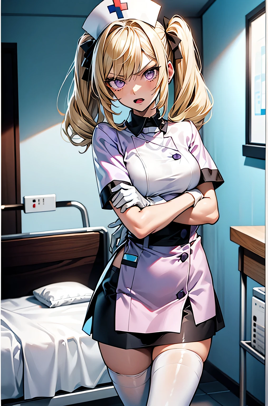 1 girl, alone, nurse, nurse cap, Whiteware, ((white legwear, zettai ryouiki)), white gloves, twin tails, yellow hair, purple eyes, anger, crossed arms, Are standing, ((hospital room)), sharp outline, short sleeve, highest quality, masterpiece