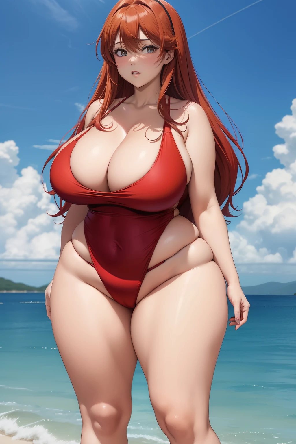 Full body portrait photo of anime bbw girl in red bikini with long hair and big breasts, very fat curvy body, wide waist and wide hips, round and beautiful face, very similar portrait of asuka langley Soryu, asuka langley, anime female characters, evangelion beautiful girl, that&#39;Junji&#39;Style, Asuka from Evangelion,  cel shaded anime