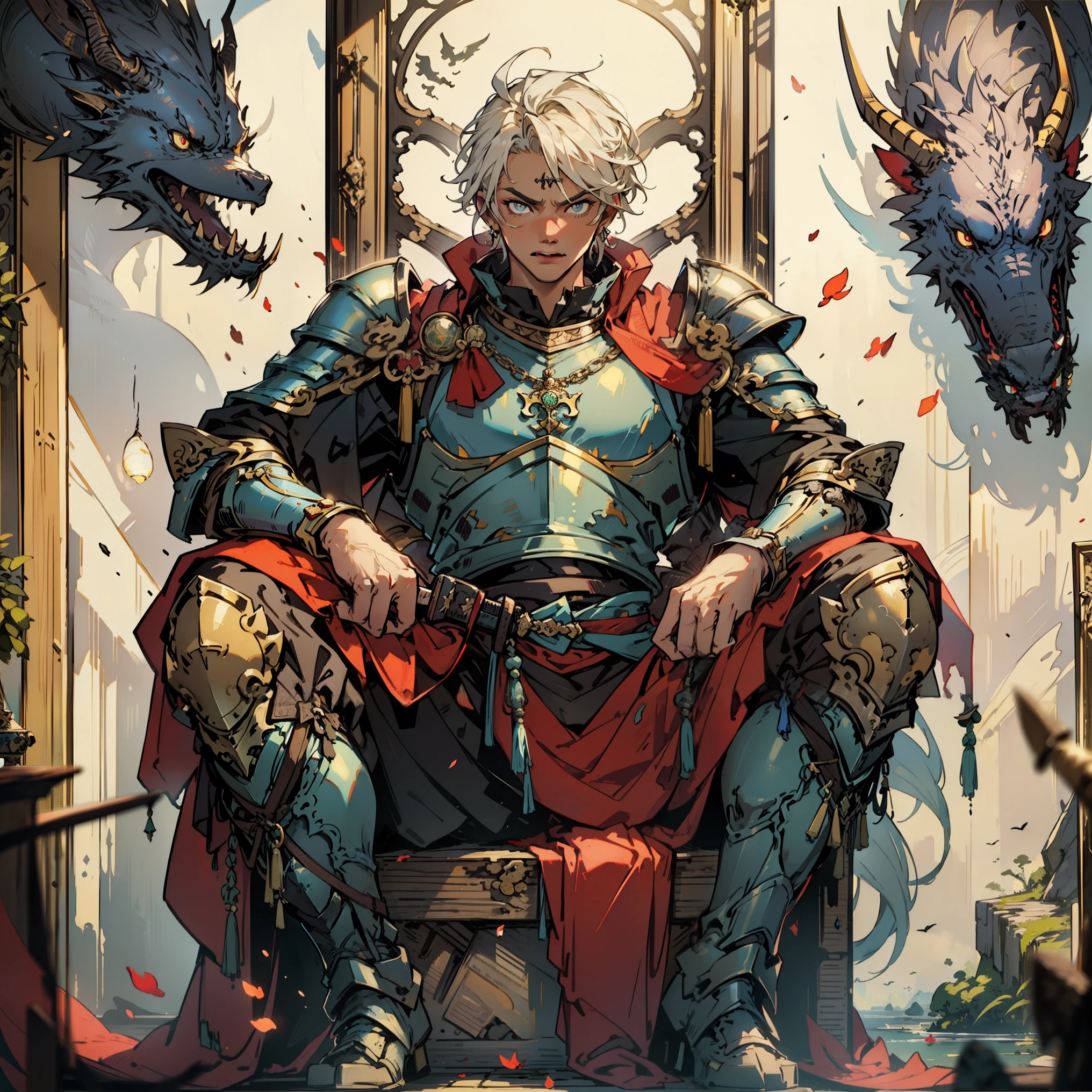 1 man, male focus, big sword beside him, armor, sheath, pectorals, scabbard, shoulder armor, full body, bound hair, jewelry, muscular,his eyes wide open in anger, (sitting on the king chair), dragon on the back, high definition, best quality, ultra-detailed, extremely delicate, anatomically correct, symmetrical face, extremely detailed eyes and face, high quality eyes, RAW photo, UHD, 8k, professional lighting, soft lighting, (masterpiece:2)