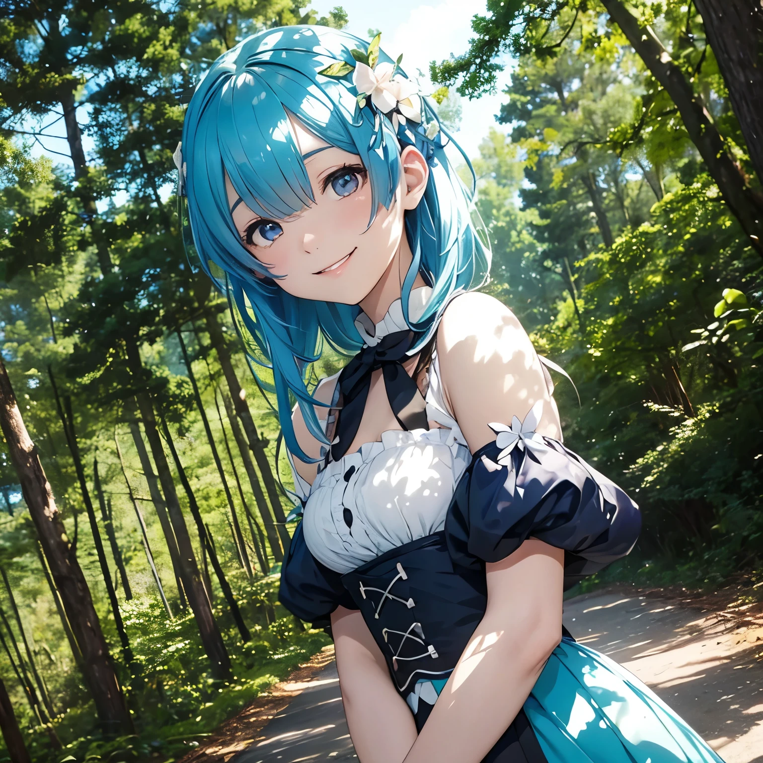 Rem, against the backdrop of a sunny forest,
re zero, smiling