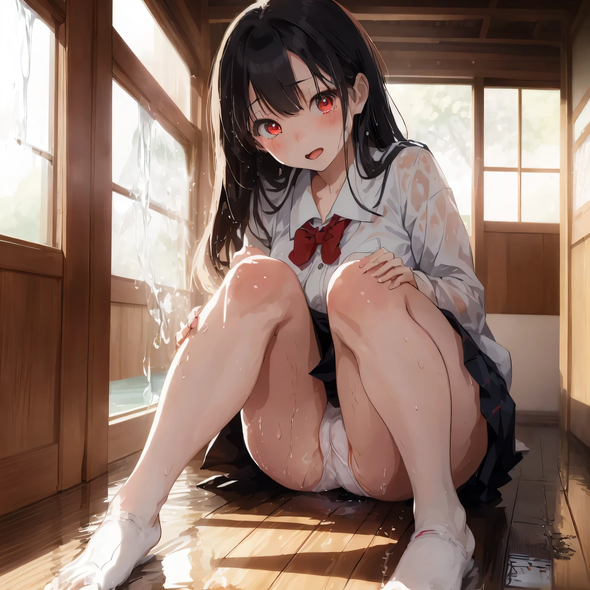 very beautiful Japanese woman, 18 years old, 1girl, Japanese school uniform, wet white panty, red bowtie, black hair, whole body, embarrassing panic face, detailed, 8k, natural light, professional lighting, masterpiece, top quality illustration, high resolution, (water on the floor), water is dripping from the crotch,