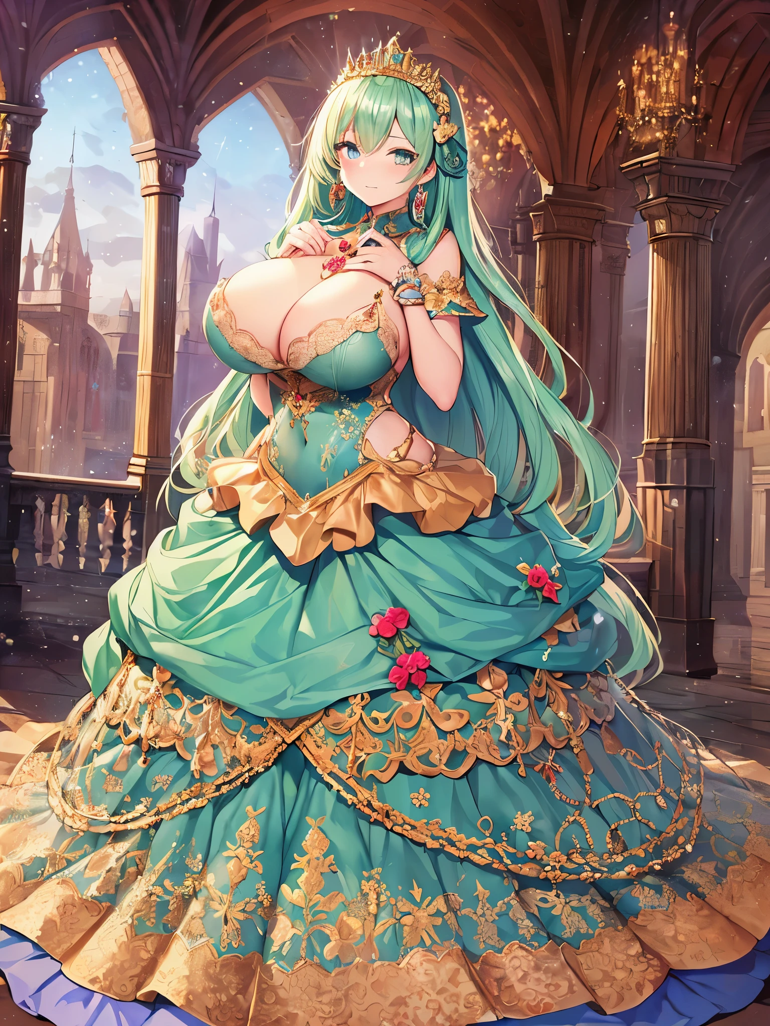 anime artstyle,Masterpiece,Best Quality,Super Detail,((Very Delicate and Beautiful)),(((1 princess in beautiful embroidery and jeweled gorgeous rococo ballgown with voluminous hoop skirt))),((Solo)),((winter garden with snow,sonw,sky)),((outdoor)),(((full body))),(very gigantic tits:1.5),((cleavage,gigantic tits,cleavage,sagging tits)),skindentation,((detailed face and eyes)),jewel-like eyes,((extremely voluminous straight Hair,Extremely Long Straight Hair)),((gorgeousfull embroidery and lace,beautiful embroidery and jeweled)),Gorgeous Gemstone Jewelry,gorgeous corsage,((gorgeous hair ornament,glitter jeweled gorgeous big tiara)),((full body)),((beautiful embroidery and jeweled gorgeous rococo ballgown with voluminous hoop skirt)),(crinoline),((winter garden with snow,sonw,snowflake,outdoor,sky)),Looking at viewer,dynamic angle,(beautiful embroidery and jeweled gorgeous rococo ballgown with voluminous hoop skirt:1.5),gorgeous rococo ballgown,(full body)