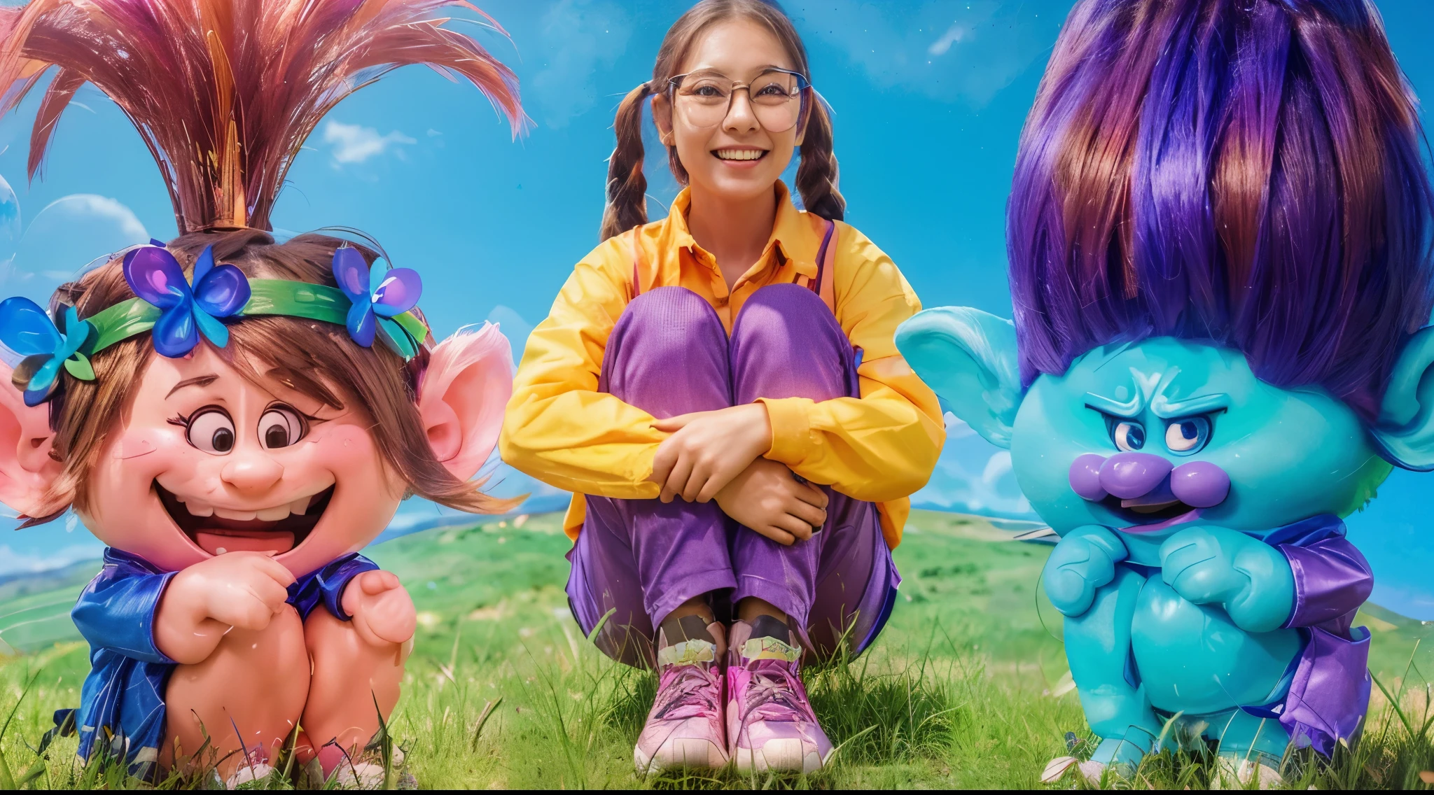 A girl sits on the grass between two colorful trolls. A asian girl with two pigtails, wearing a shirt and suspenders, with a joyful face and smile. A young asian girl with pigtails, wearing a shirt and pants, sits with her knees pulled to her chest. She has shoes and is smiling brightly. Satin skin with natural texture, ultra realistic hyper realistic body skin texture ultra realistic a girl with the emotion of fear with an open mouth, with long brown ponytails, wearing a bright shirt and glasses, stretches out her hands. She has a frightened expression on her face, perfect smooth skin. with long brown hair and glasses, smoot, multiple light sources, rim light, sharp post effects render, perfect cgi, digital art, detailed digital art, reflective, best quality, 4k, masterpiece:1.2, ultra-detailed, realistic, vivid colors, dark and moody lighting, The image of the highest quality, ensuring every detail showcased perfectly. It in 4k resolution, allowing viewers to immerse themselves in the richness of the colors and intricate details. The realistic rendering. under the spotlight, reflecting, high-resolution image, realistic rendering, dark background, and rim light
